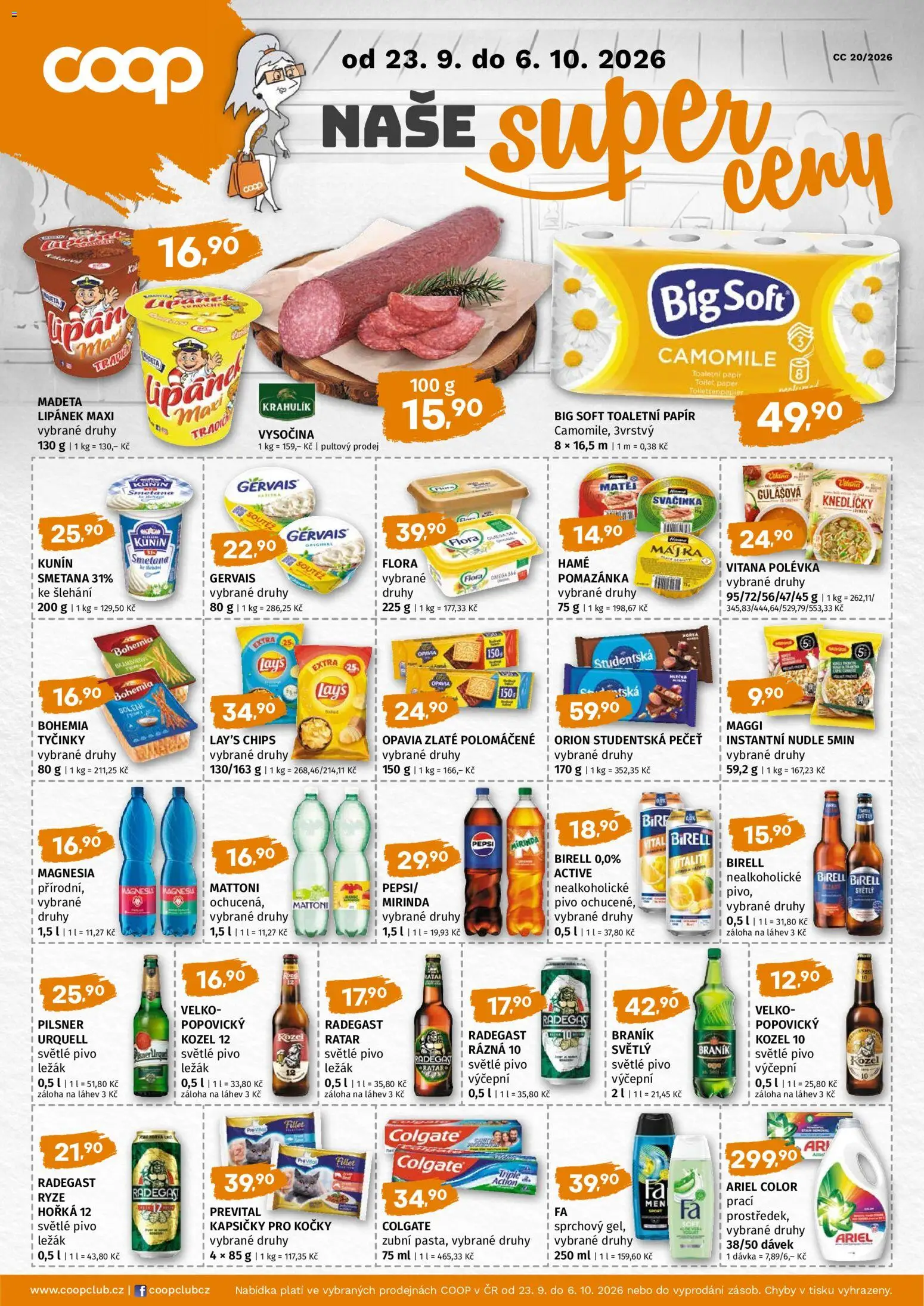 Trefa leták - COOP naše super ceny od 23.09.2026 | Strana: 1 | Produkty: Lipánek, Mattoni, Radegast, Orion Studentská pečeť