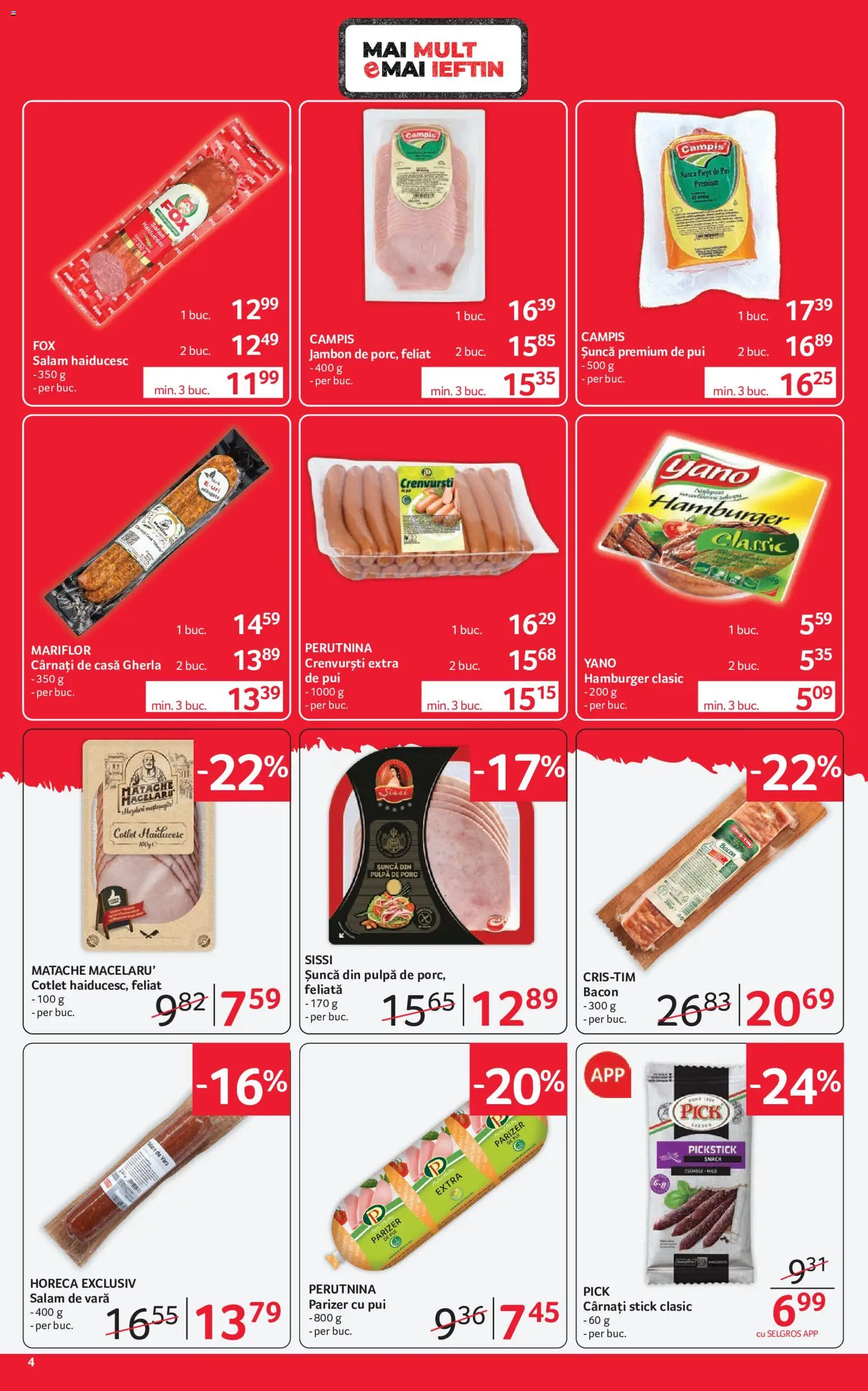Noul catalog Selgros – valabil de la 21.08.2026 | Pagină: 4 | Produse: Cotlet, Salam, Hamburger, Cârnați