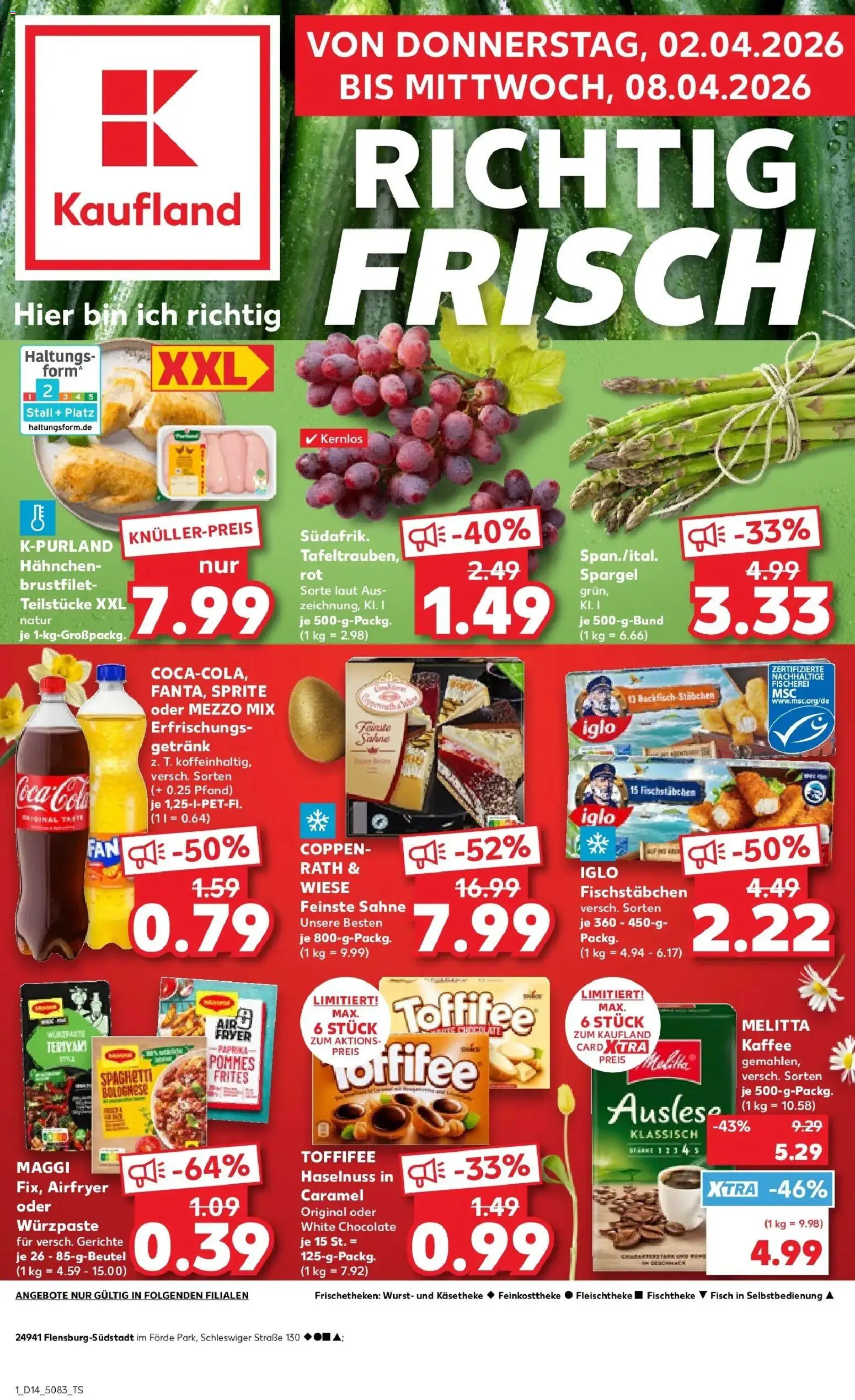 Kaufland Prospekt Flensburg	 – gültig ab 02.04.2026 | Seite: 1 | Produkte: Hahnchen, Cola, Iglo, Fischstabchen