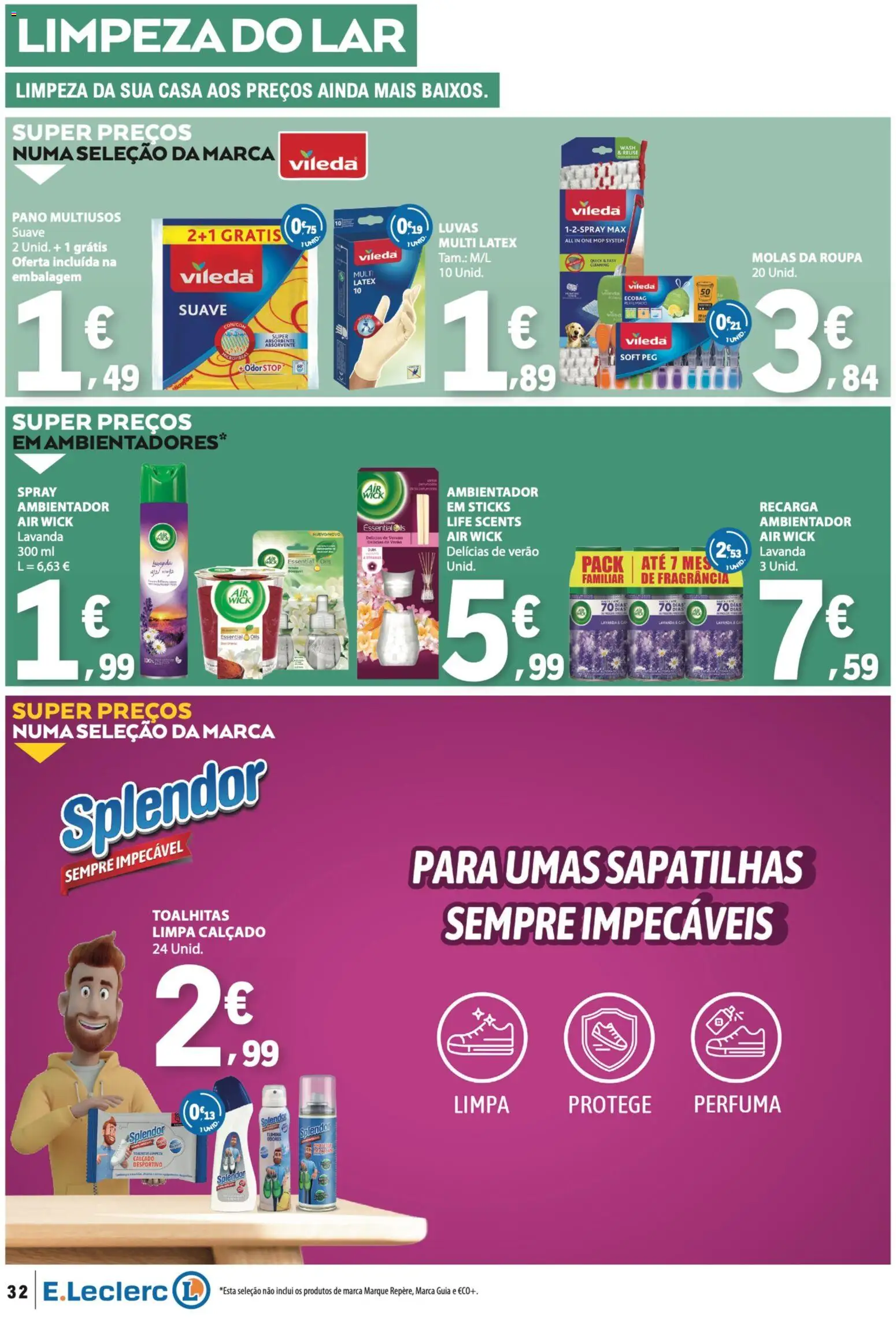 E.Leclerc folheto │ válido de 20/08/2026 | Página: 32 | Produtos: Luvas, Fragrância, Sapatilhas, Molas da roupa