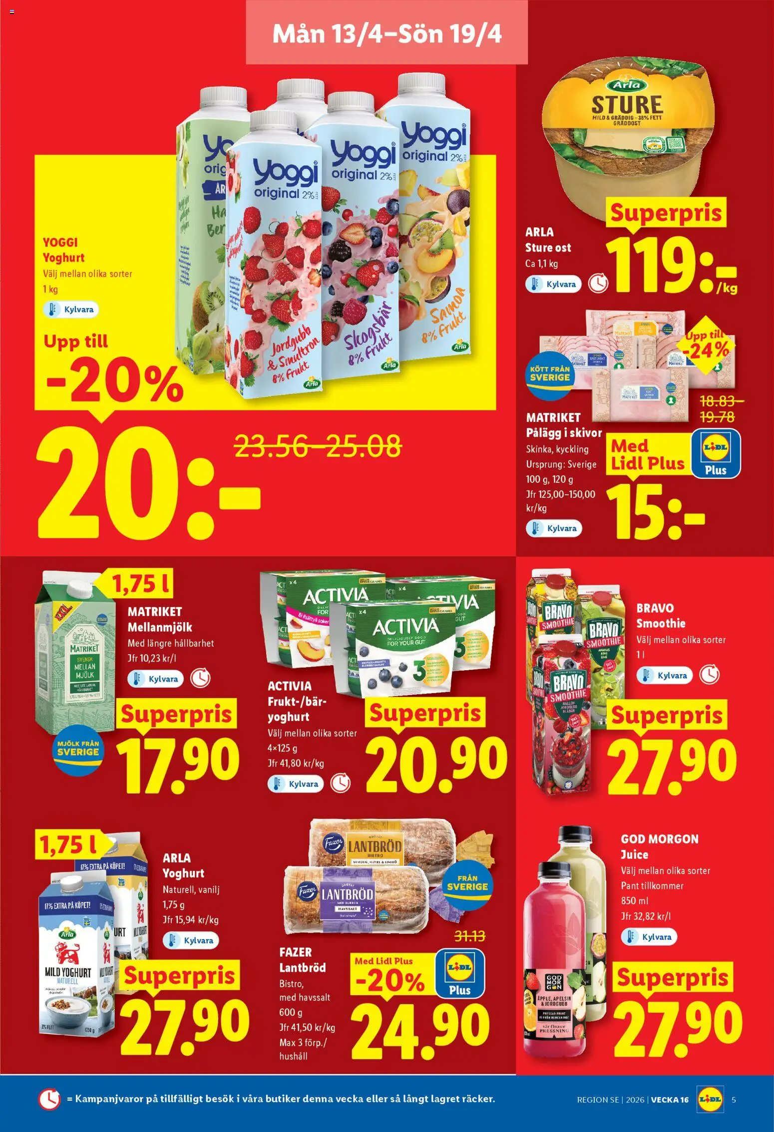 Lidl reklamblad aktuell från 13.04.2026 | Sida: 5 | Produkter: Ost, Yoghurt, Juice, Hallon