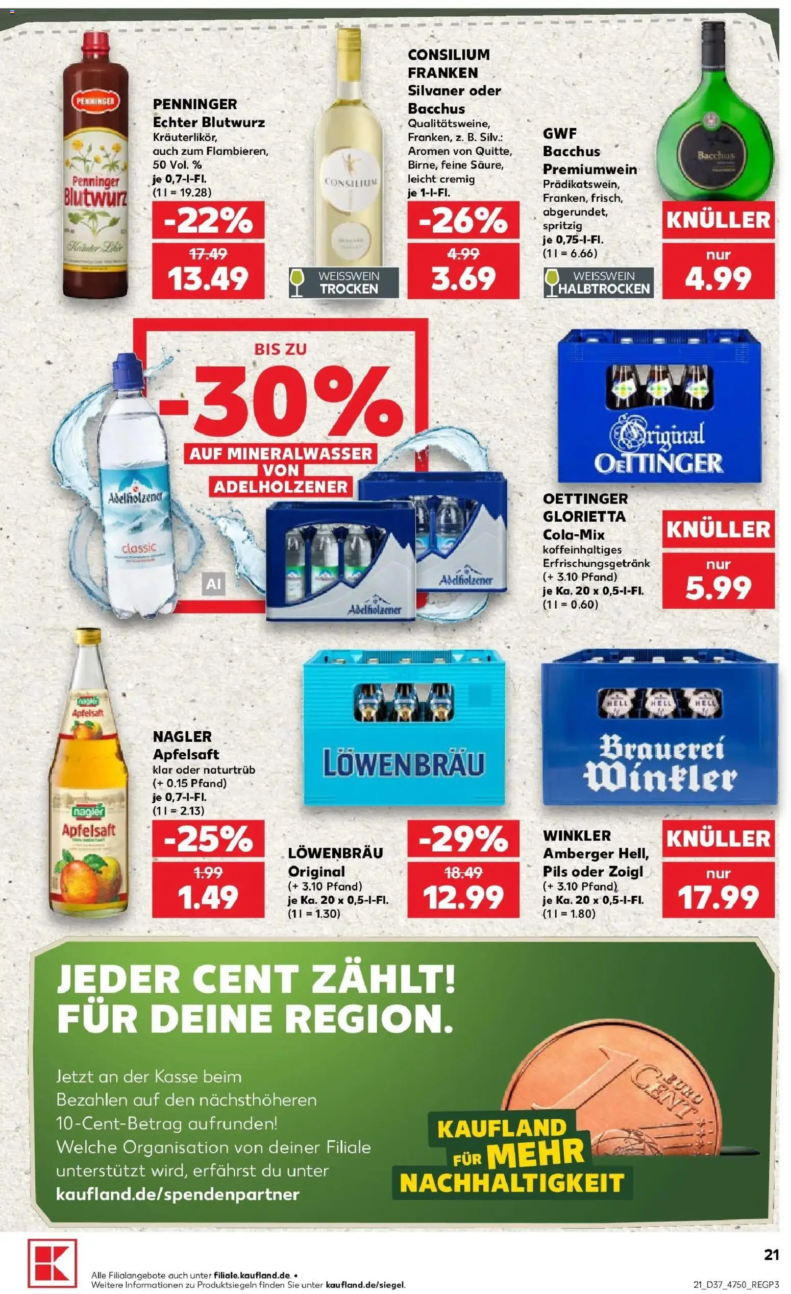 Prospekt Kaufland ab 10.09.2026 » Angebote Online zum Blättern | Seite: 21 | Produkte: Weißwein, Oettinger, Apfelsaft, Mineralwasser