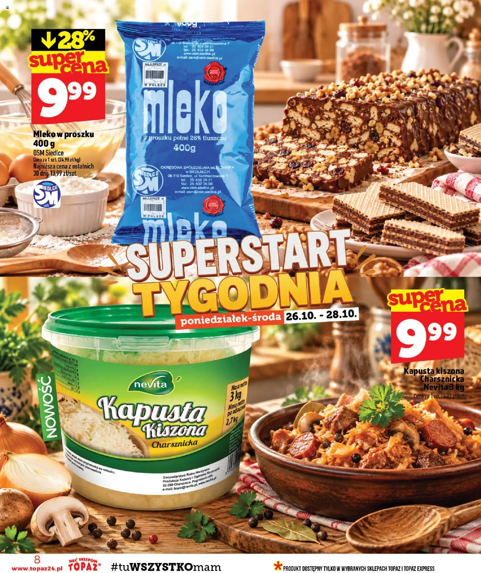 Topaz gazetka - MAZ od 22.10.2026 | Strona: 8 | Produkty: Kapusta kiszona, Mleko w proszku, Mleka, Mleko