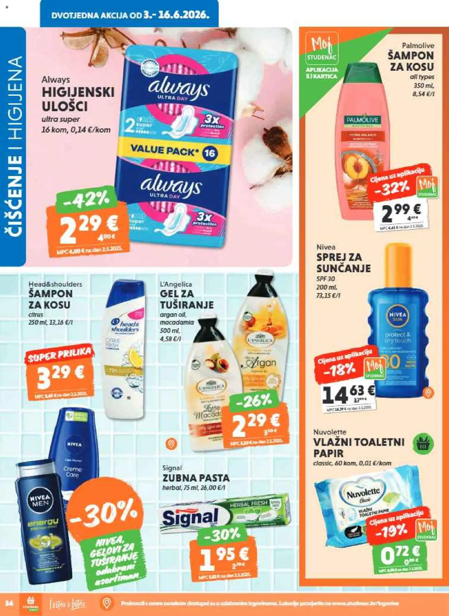 Studenac katalog | vrijedi od 03.06.2026 | Stranica: 34 | Proizvodi: Šampon, Toaletni papir, Nivea, L'Angelica