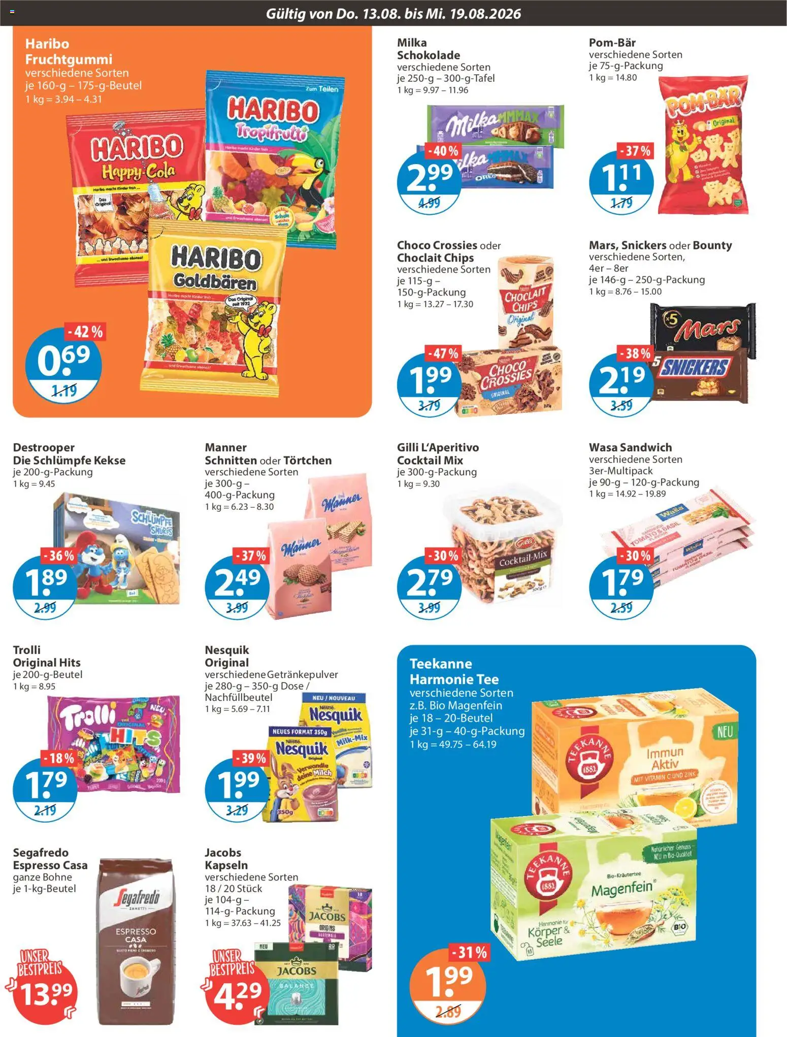 V-Markt Angebote – gültig ab 13.08.2026 | Seite: 8 | Produkte: Milch, Snickers, Chips, Segafredo