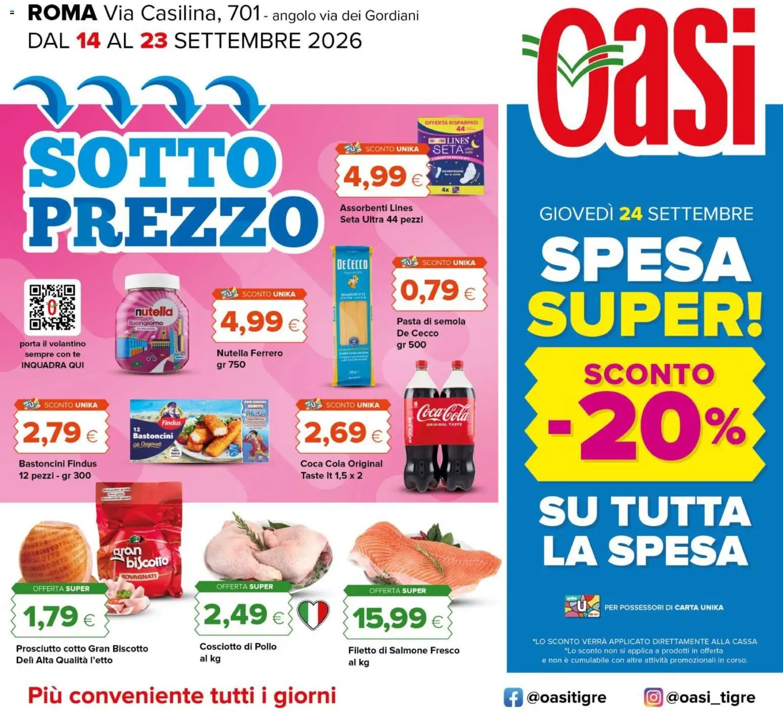 Volantino Oasi del 14/09/2026 | Pagina: 1 | Prodotti: Prosciutto Cotto, Porta, Pasta di semola, Nutella