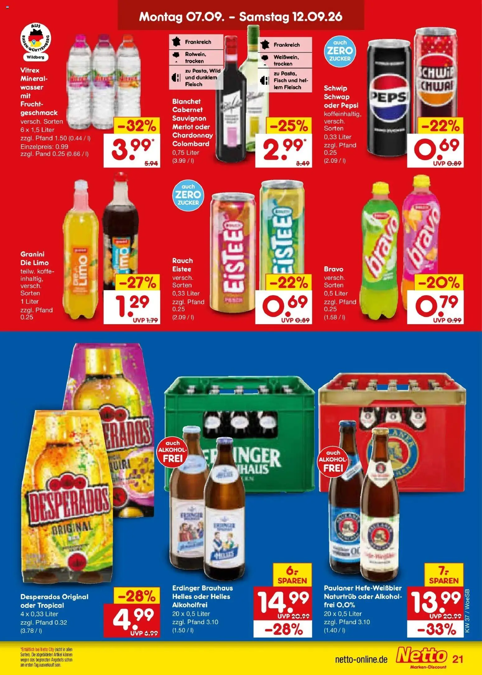 Netto Marken-Discount Prospekt Gemmingen – gültig ab 07.09.2026 | Seite: 29 | Produkte: Merlot, Wasser, Desperados, Granini die limo