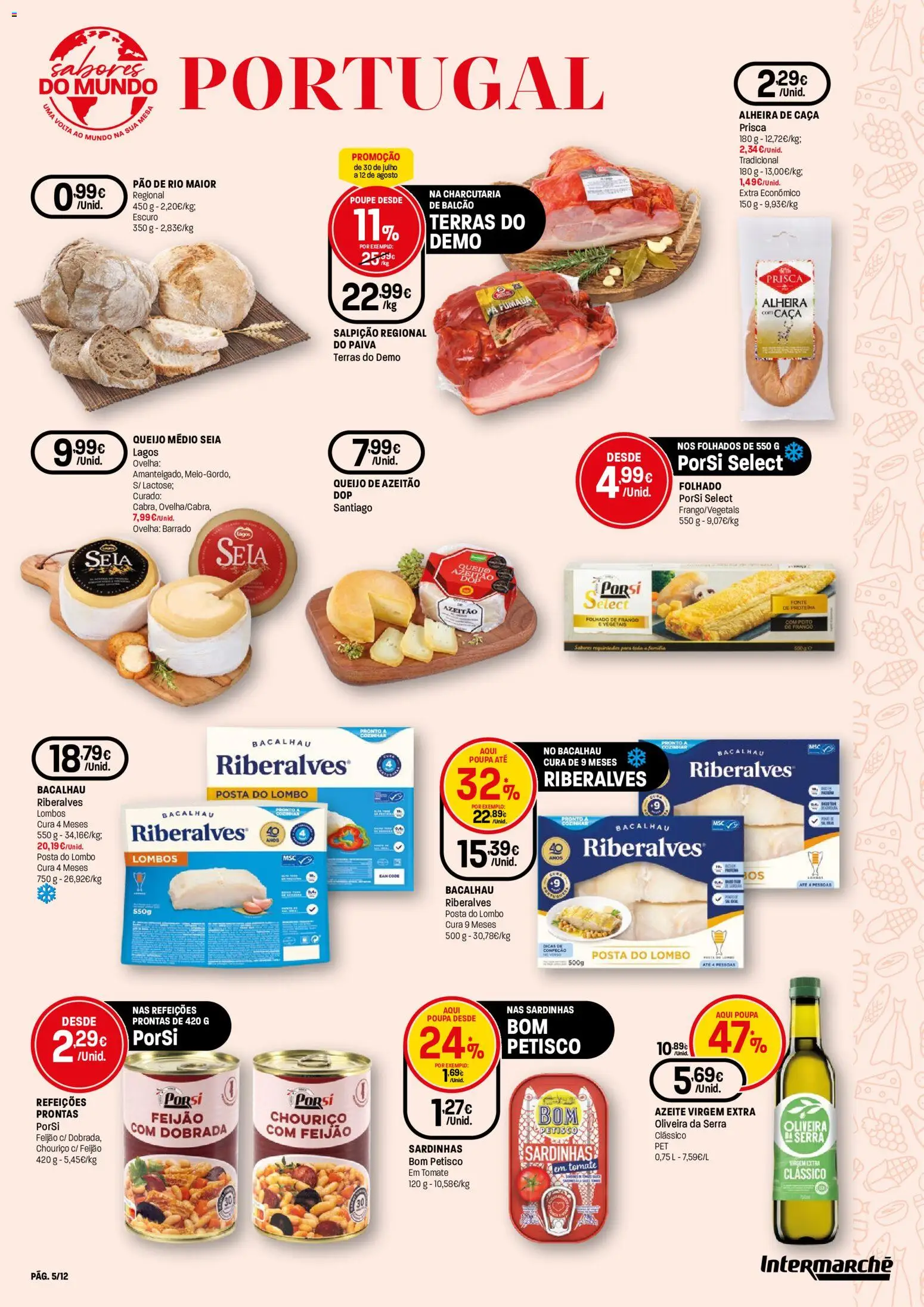 Intermarché folheto Super │ válido de 30/07/2026 | Página: 5 | Produtos: Bacalhau, Peito de frango, Salpicão, Chouriço