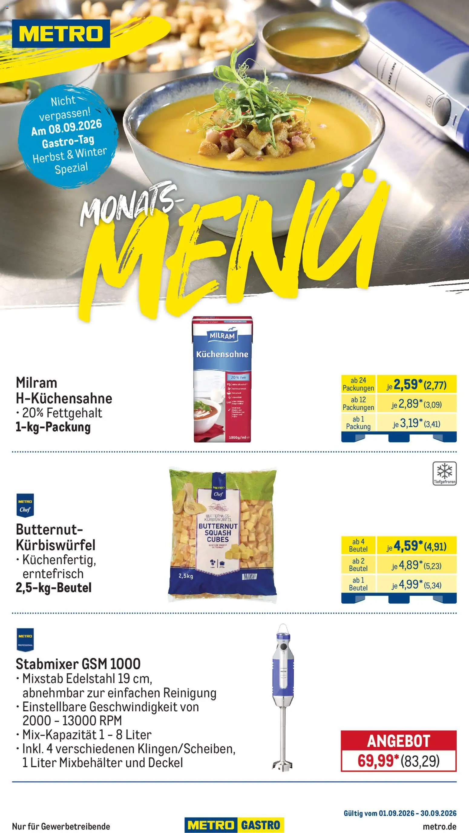 Metro Monats-Menü – gültig ab 01.09.2026 | Seite: 1 | Produkte: Milram, Mixstab, Stabmixer
