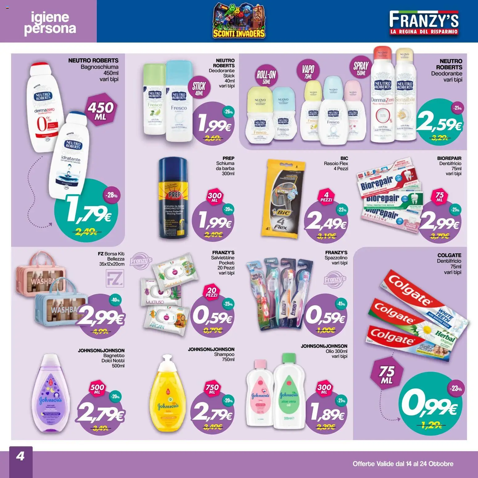 Volantino Franzy's del 14/10/2026 | Pagina: 4 | Prodotti: Schiuma, Dentifricio, Spazzolino, Aloe vera