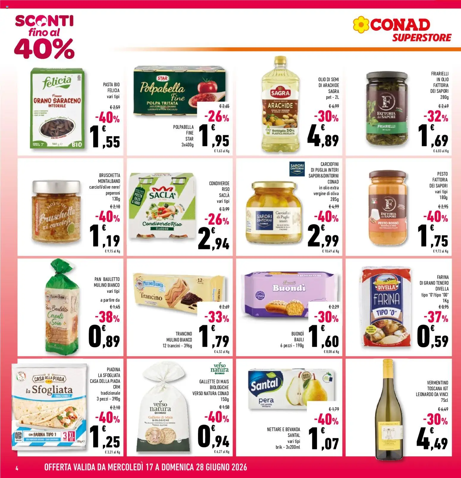 Volantino Conad del 17.06.2026 | Pagina: 4 | Prodotti: Farina, Pasta, Carciofi, Olio extra vergine