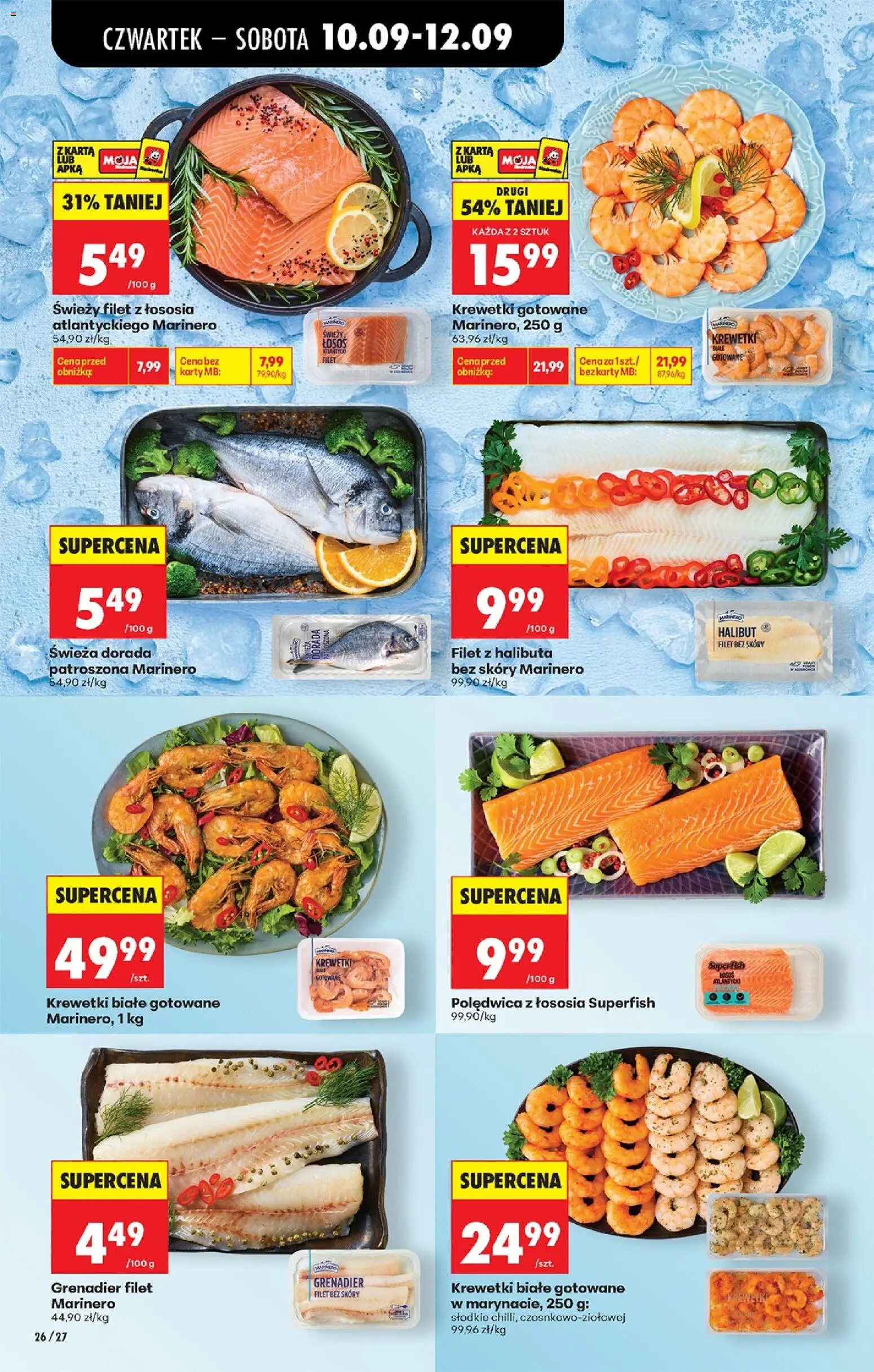 Biedronka gazetka od czwartku od 10.09.2026 | Strona: 44 | Produkty: Halibut, Łosoś, Krewetki gotowane, Filet