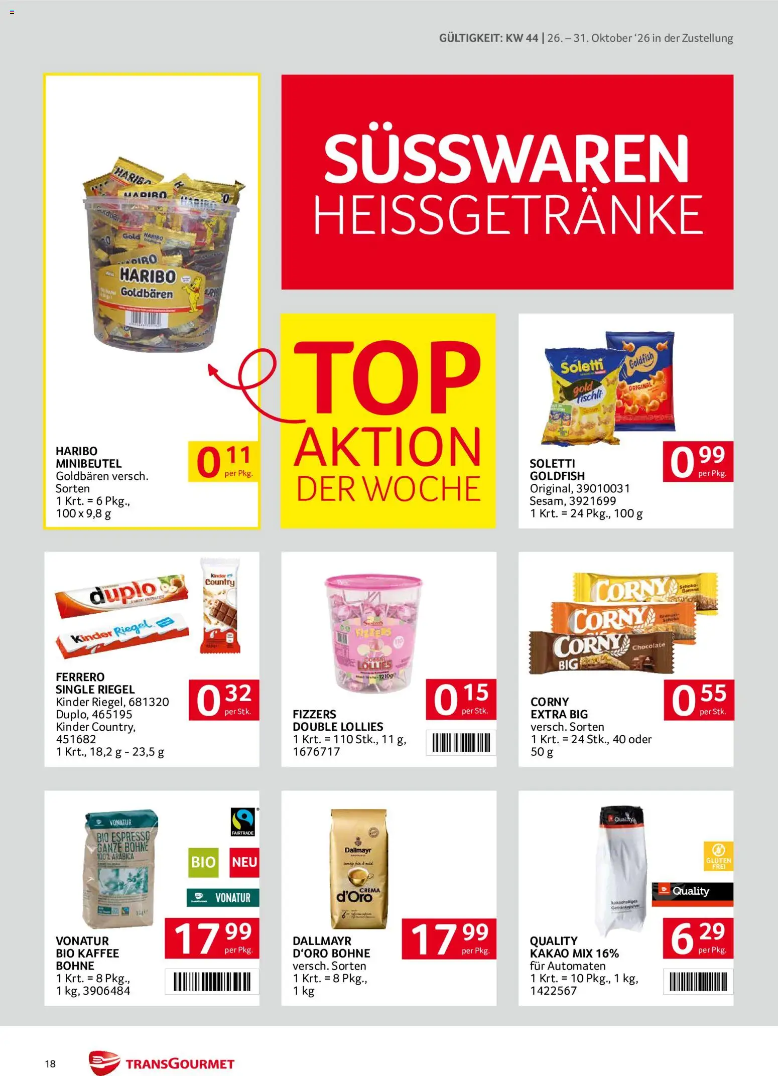 Transgourmet Flugblatt gültig ab 26.10.2026 | Seite: 18 | Produkte: Bohne, Kaffee, Süßwaren