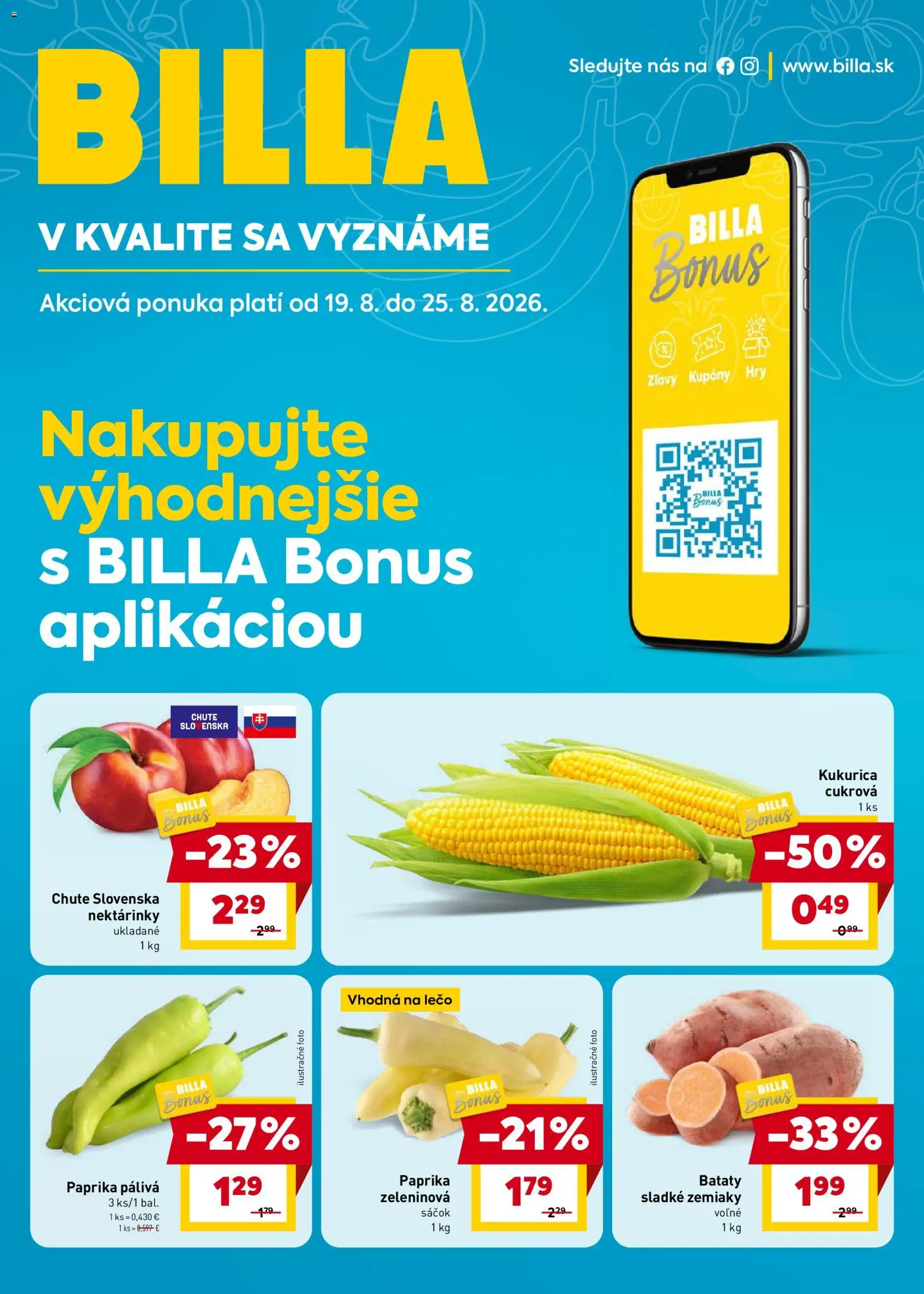 Nové Billa akcie – leták je platný od 19.08.2026 | Strana: 1 | Produkty: Paprika, Nektárinky, Zemiaky, Batáty