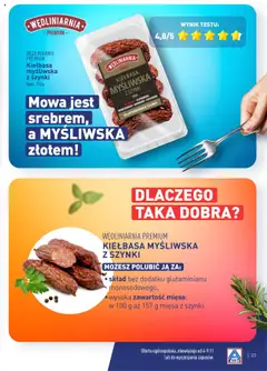 Pogląd oferty "Kiełbasa myśliwska z szynki, Kiełbasa myśliwska z szynki. Skład bez dodatku glutaminianu monosodowego, wysoka zawartość mięsa: w 100 g aż 157 g mięsa z szynki." - ważna od 04.11.2024 | Strona: 23 | Produkty: Kiełbasa, Myśliwska, Kiełbasa myśliwska