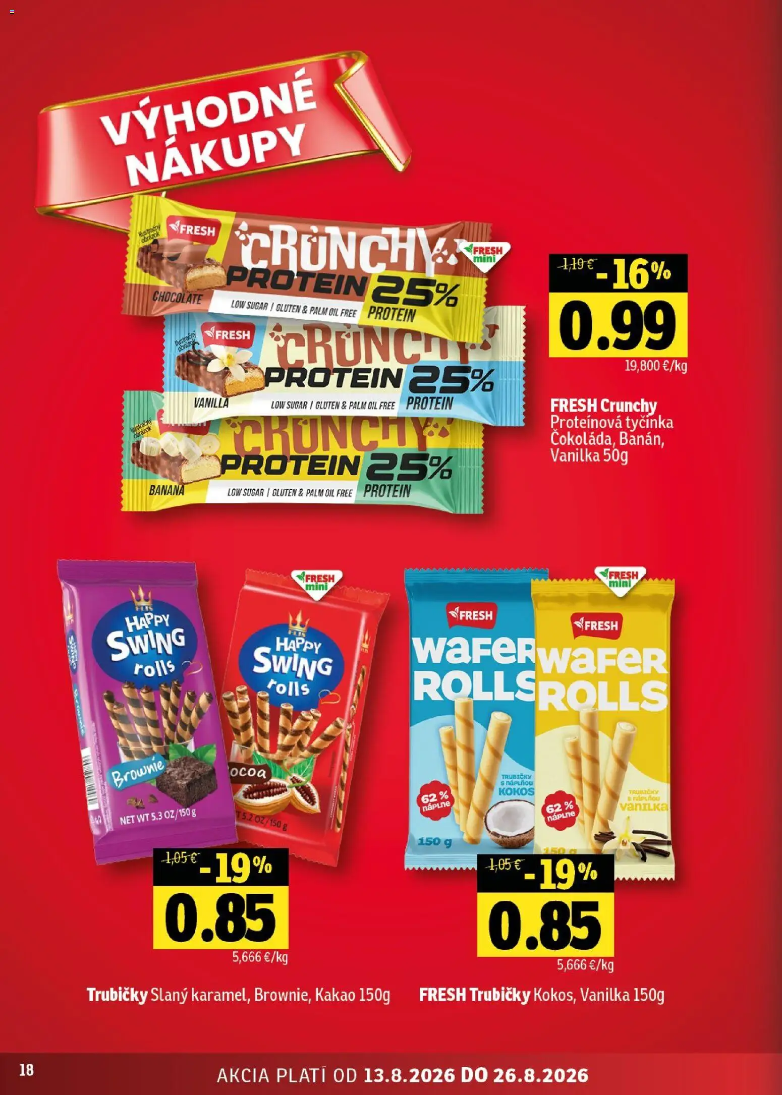 Nové Fresh akcie – leták je platný od 13.08.2026 | Strana: 18 | Produkty: Kokos, Protein, Trubičky, Kakao