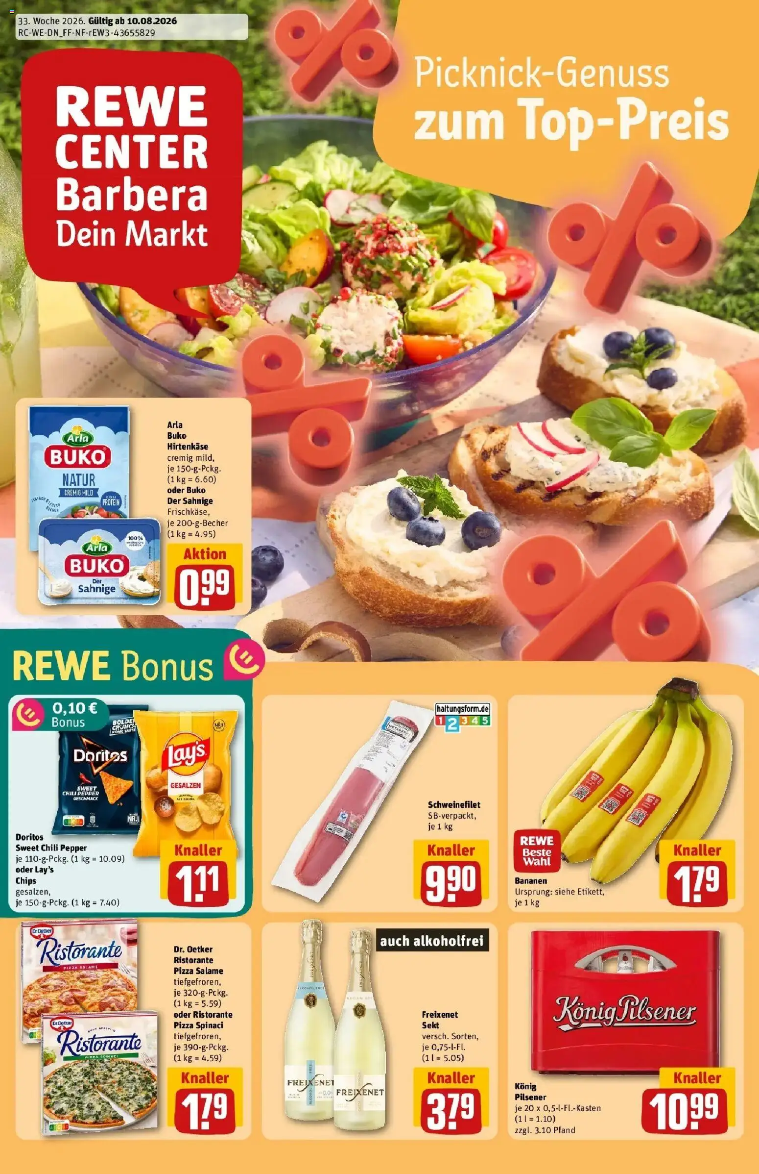 Rewe Prospekt Kempen – gültig ab 10.08.2026 | Seite: 1 | Produkte: Ristorante, Konig pilsener, Sekt, Bananen