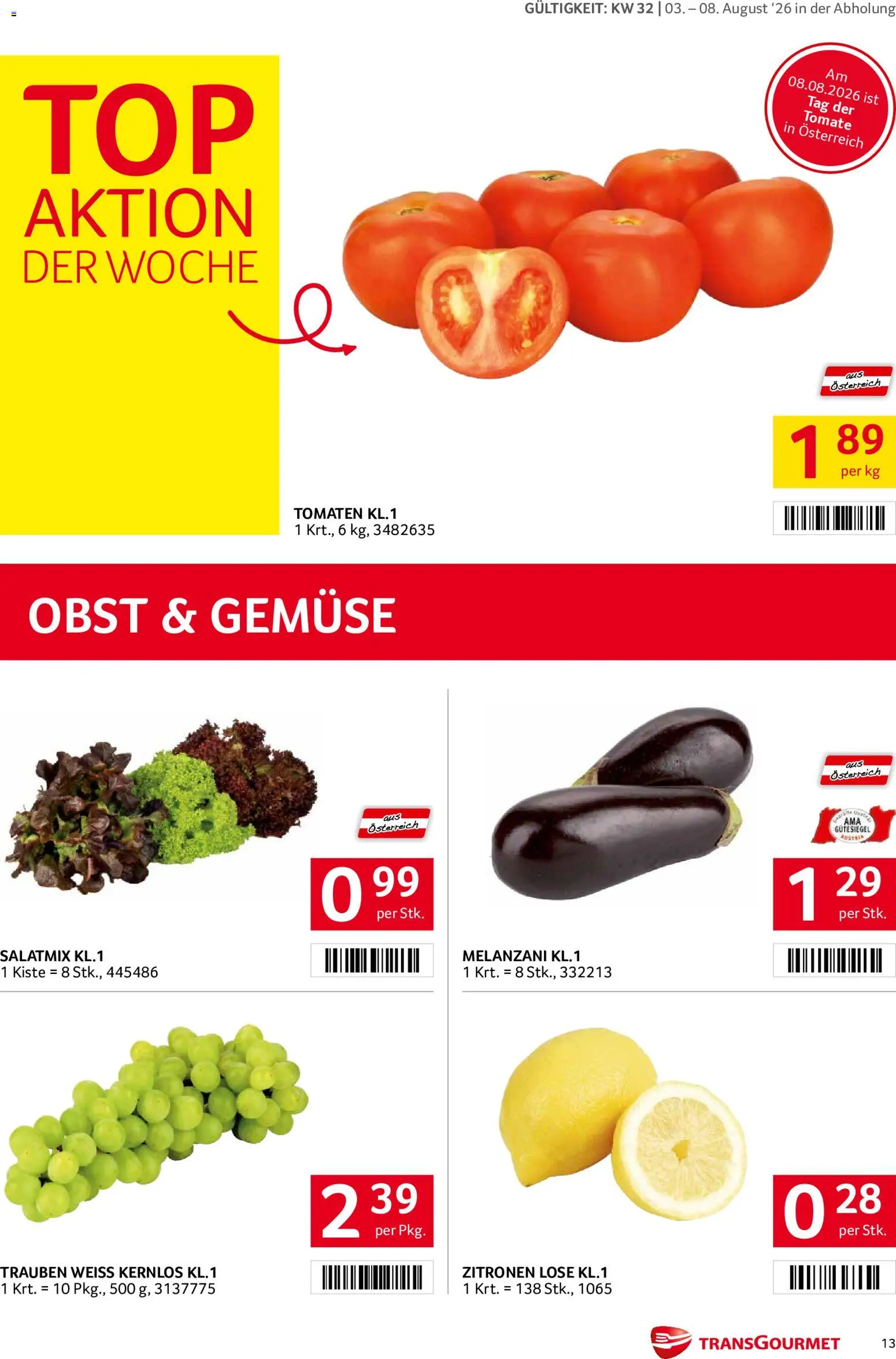 Transgourmet Flugblatt gültig ab 03.08.2026 | Seite: 13 | Produkte: Gemüse, Obst, Tomaten