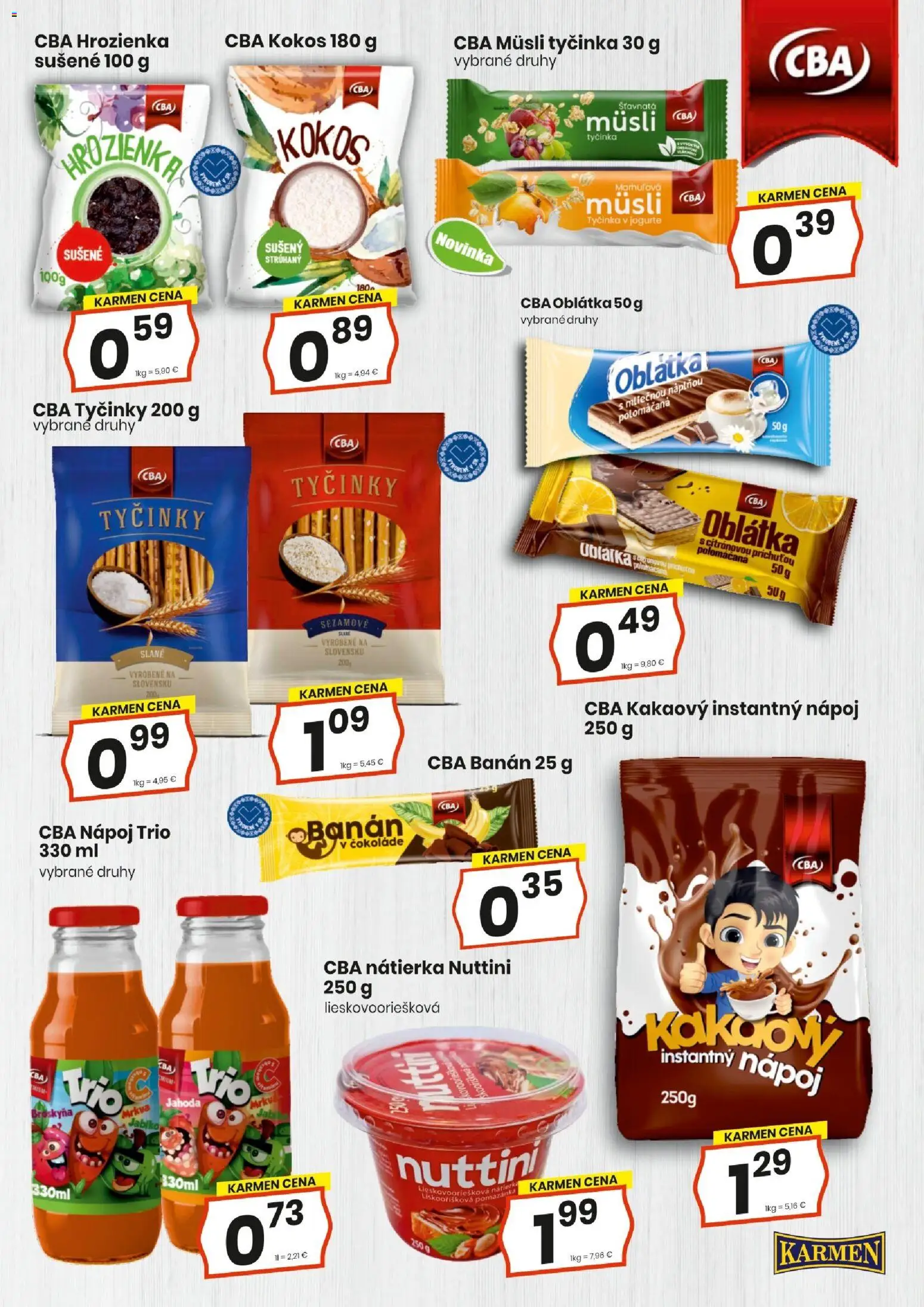 Nové KARMEN CBA akcie – leták je platný od 20.08.2026 | Strana: 3 | Produkty: Kokos, Müsli, Müsli tyčinka, Nátierka