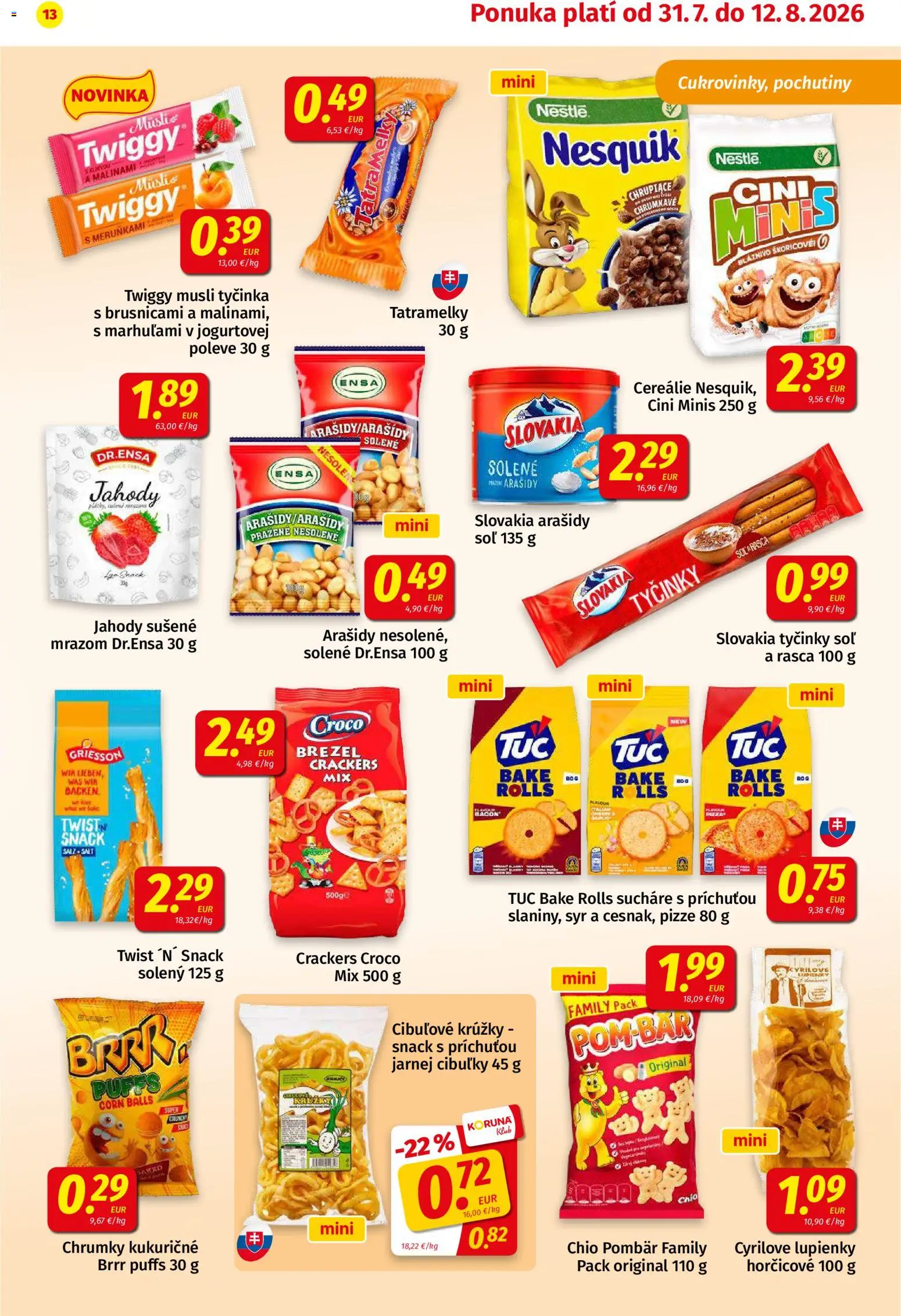 Nové Koruna akcie – leták je platný od 31.07.2026 | Strana: 13 | Produkty: Müsli, Jahody, Cereálie, Soľ