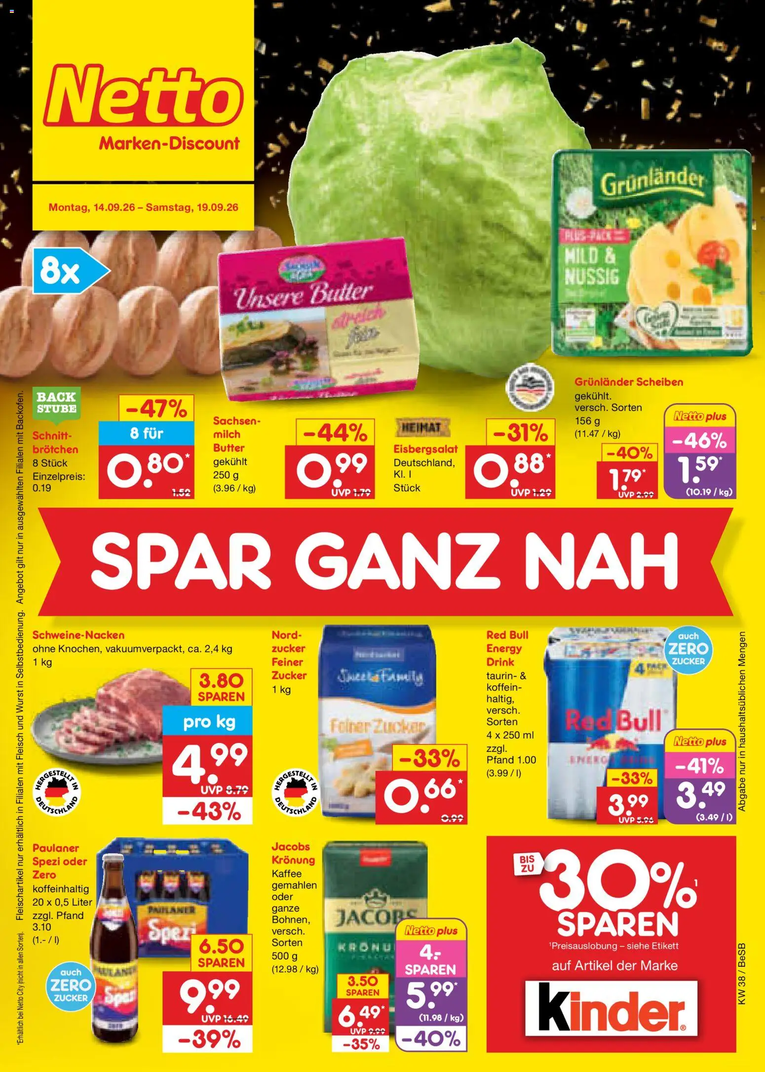 Netto Marken-Discount Prospekt – gültig ab 14.09.2026 | Seite: 1 | Produkte: Butter, Kaffee, Schweinenacken, Grunlander