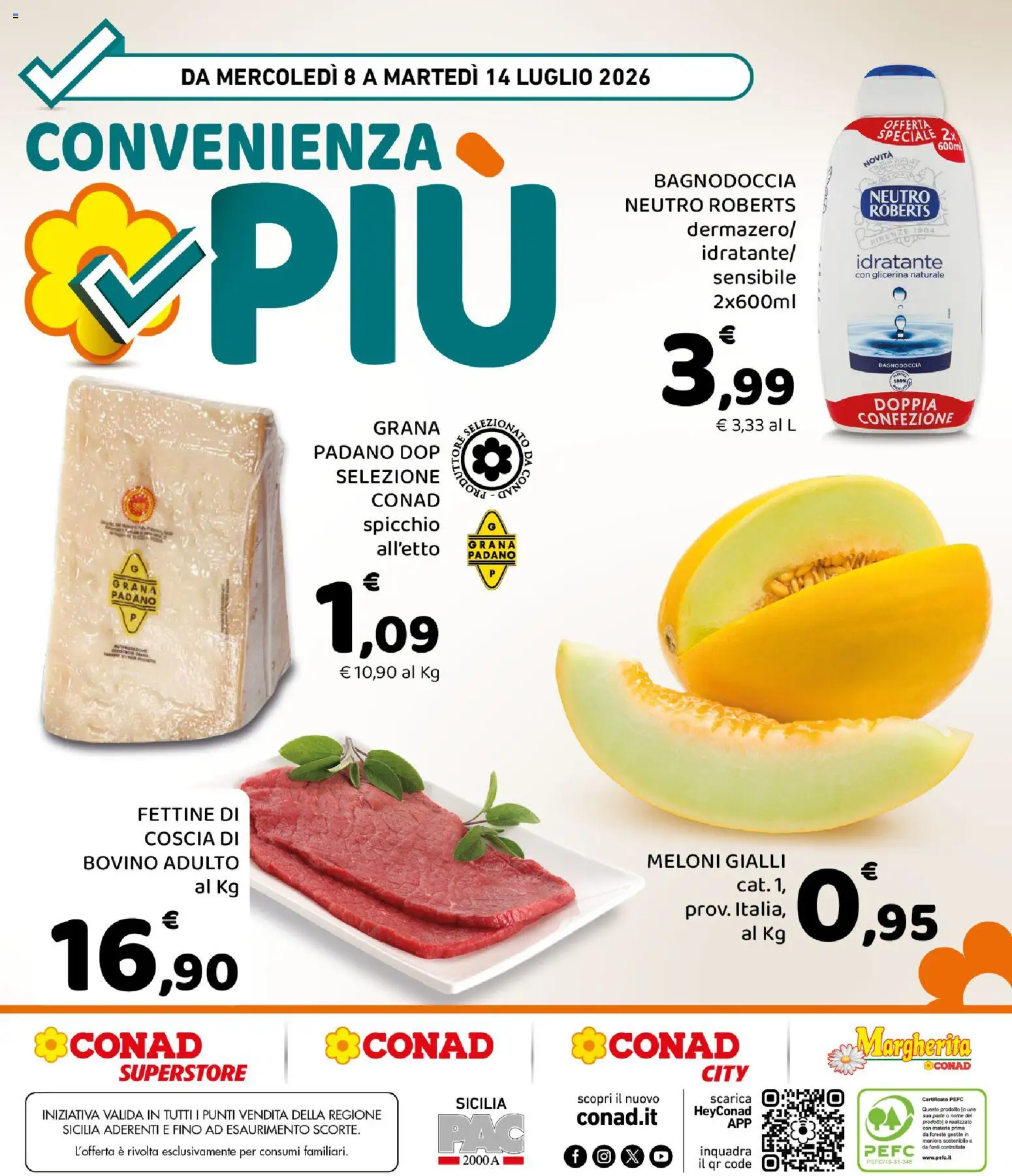 Volantino Conad del 08/07/2026 | Pagina: 8 | Prodotti: Bovino, Grana Padano, Bagno, Doccia