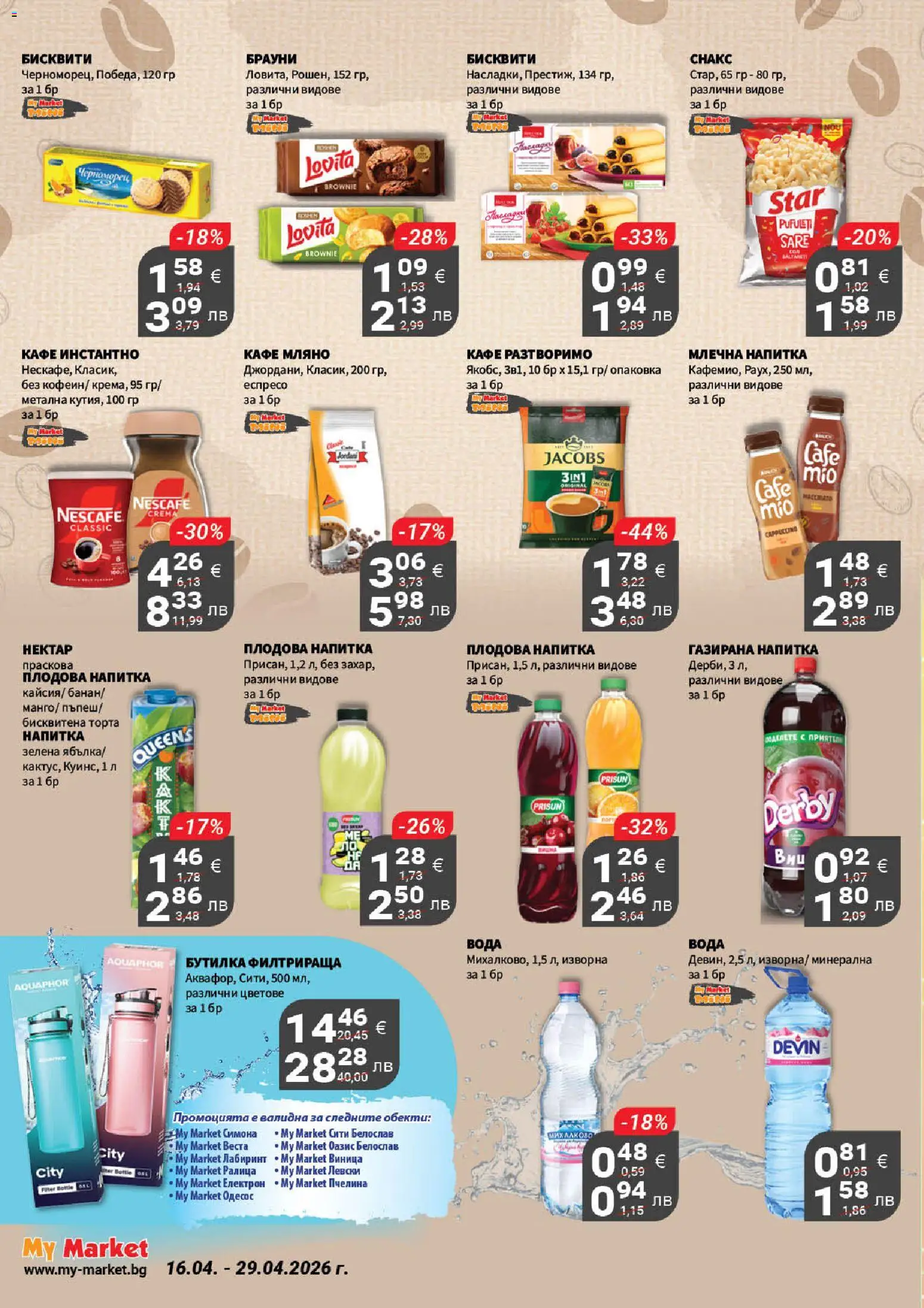 {H1} | Страница: 15 | Продукти: Вода, Праскова, Бисквити, Млечна напитка