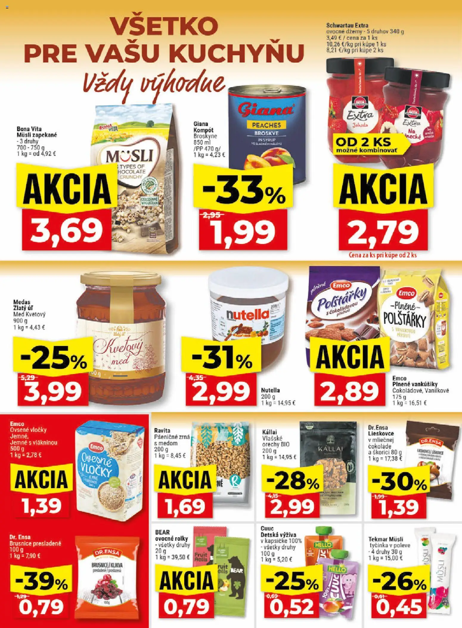 Nové Klas akcie – leták je platný od 29.06.2026 | Strana: 13 | Produkty: Orechy, Med, Broskyne, Nutella