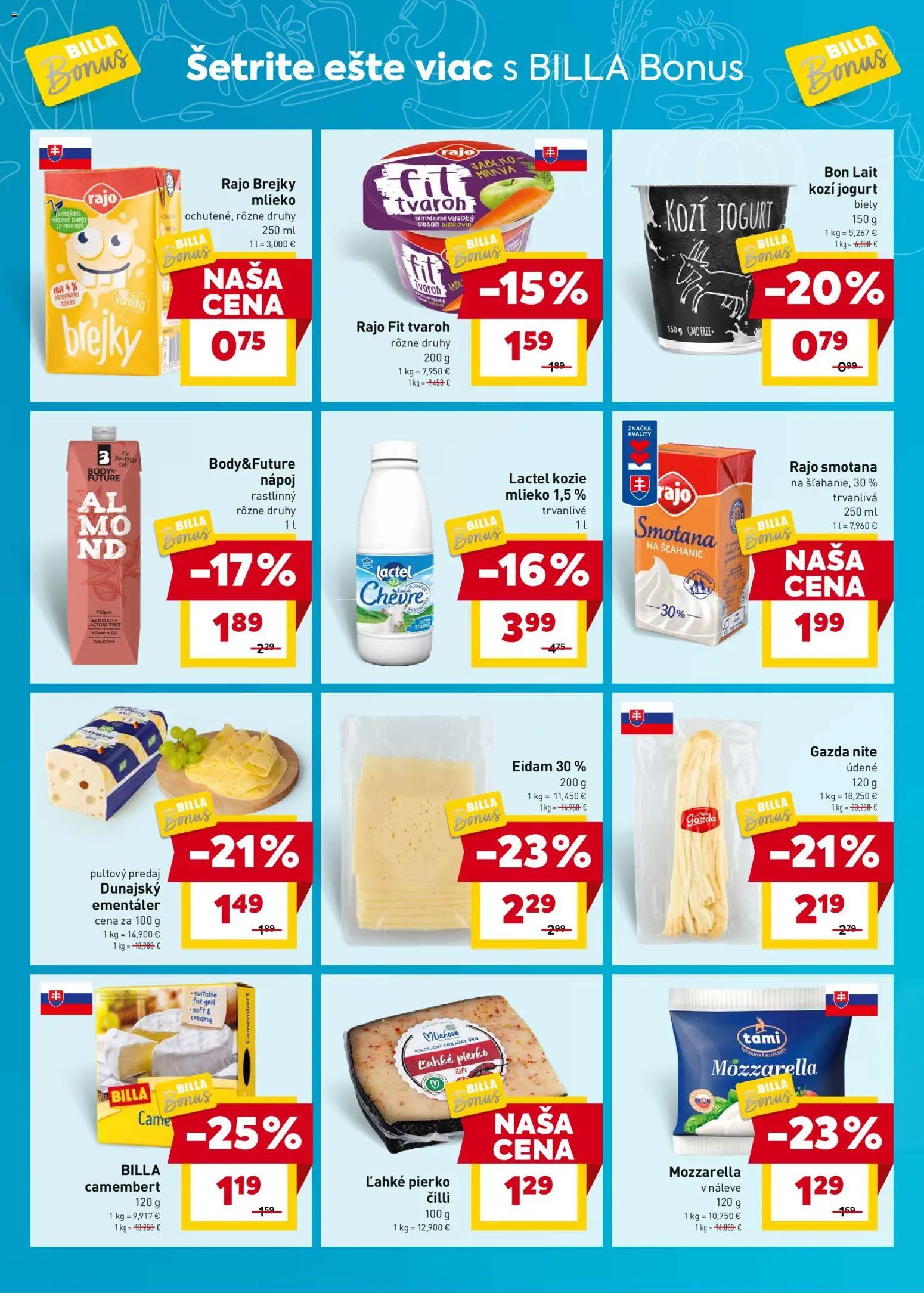 Nové Billa akcie – leták je platný od 07.04.2026 | Strana: 4 | Produkty: Eidam, Mozzarella, Mrkva, Tvaroh