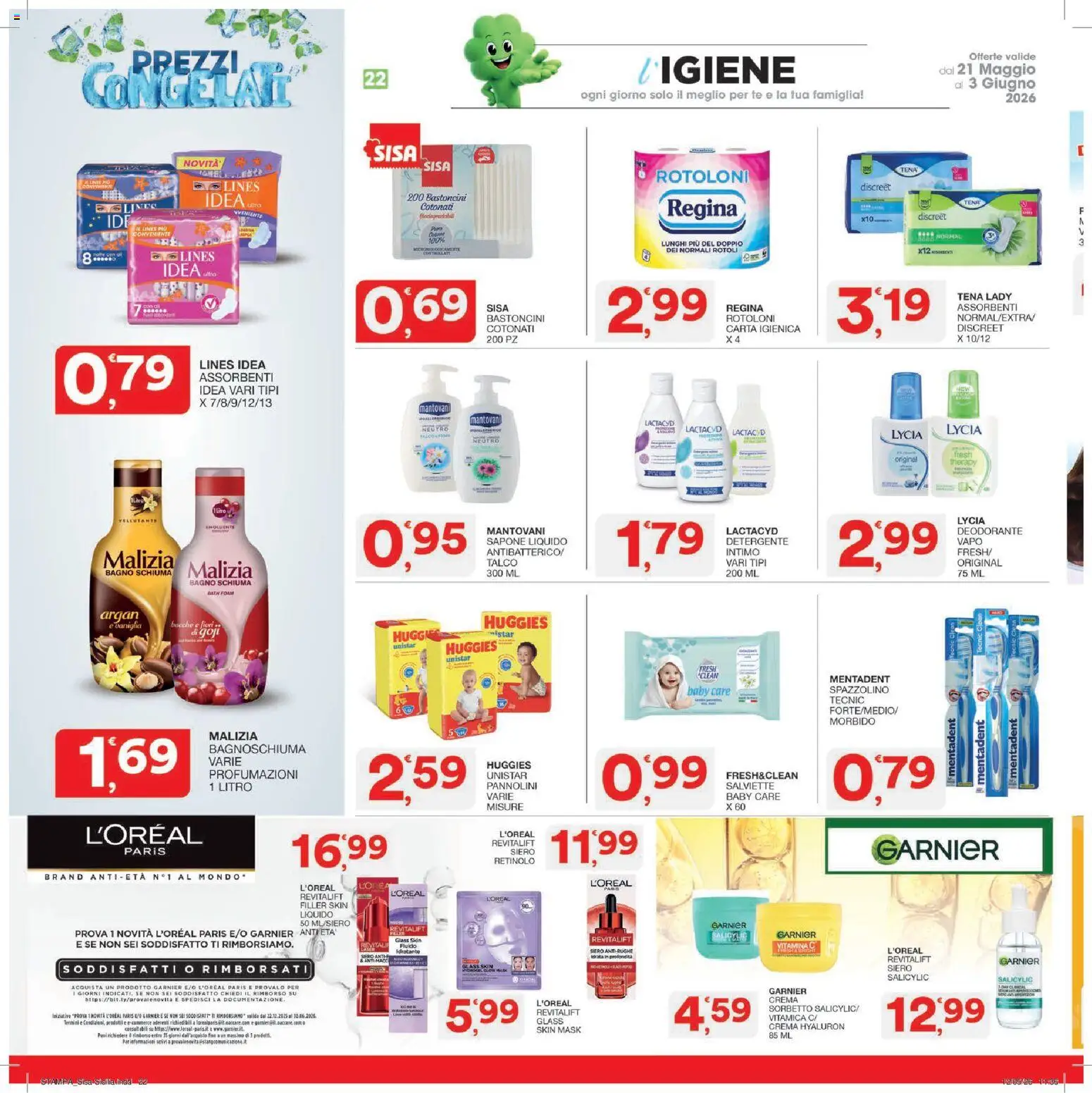 Volantino SISA del 21.05.2026 | Pagina: 22 | Prodotti: Pannolini, Tè, Sorbetto, Bagno