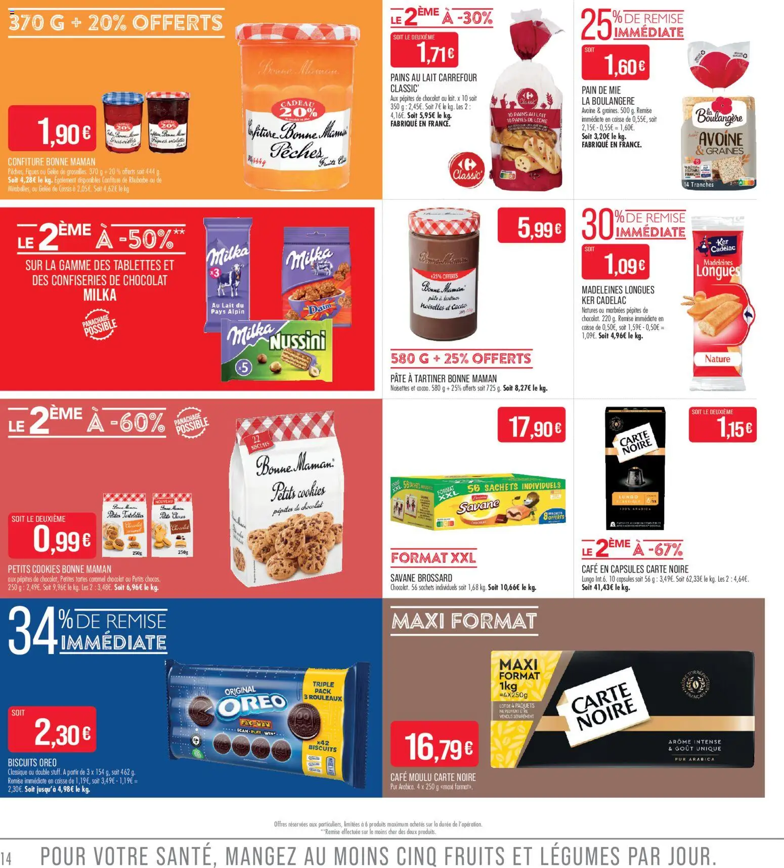 {H1} | Page: 14 | Produits: Cafe moulu carte noire, Pain de mie, Milka Nussini, Carte Noire