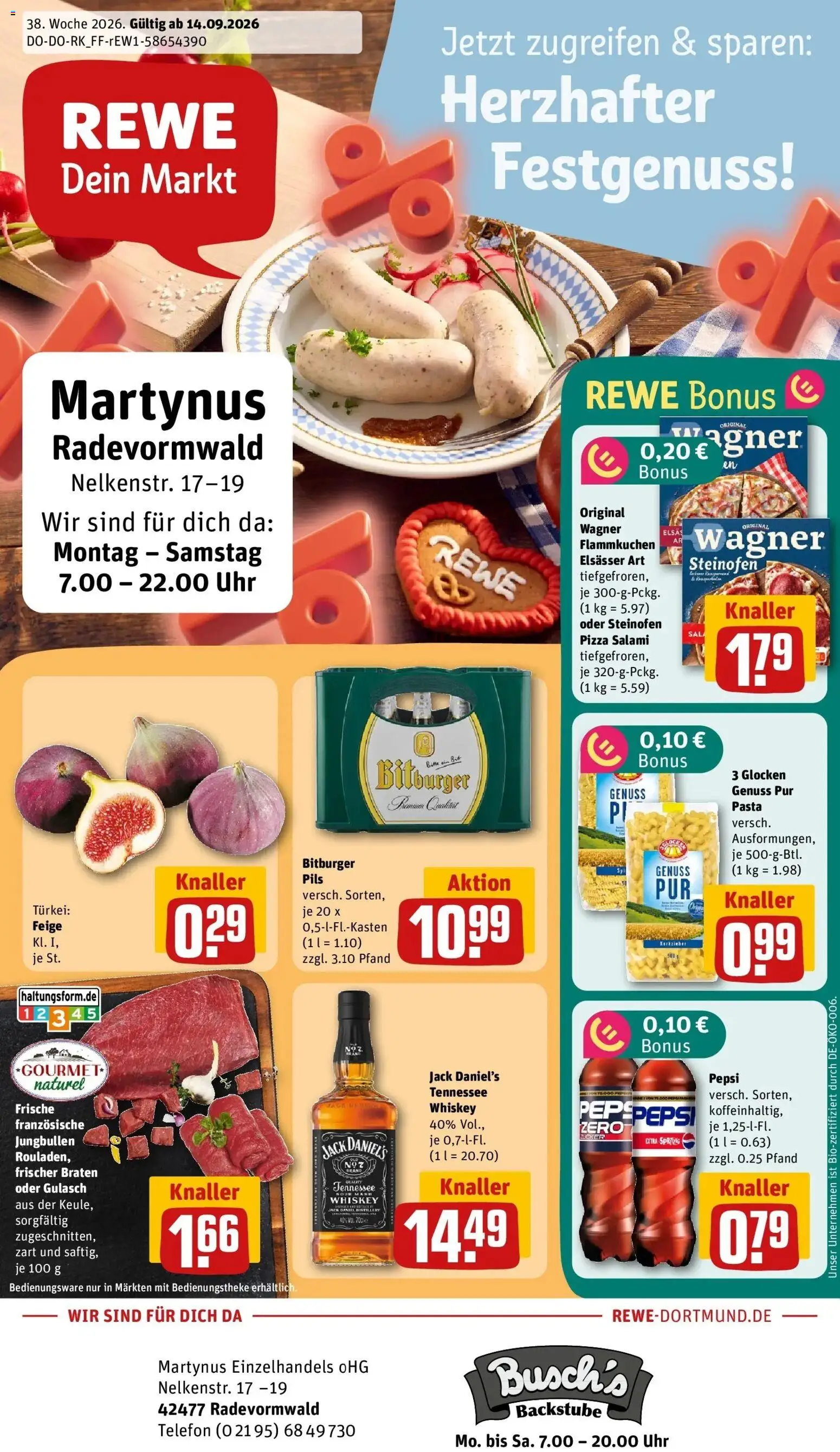 REWE Prospekt ab 14.09.2026 zum Blättern » Angebote | Seite: 1 | Produkte: Gulasch, Zucker, Pepsi, Salami