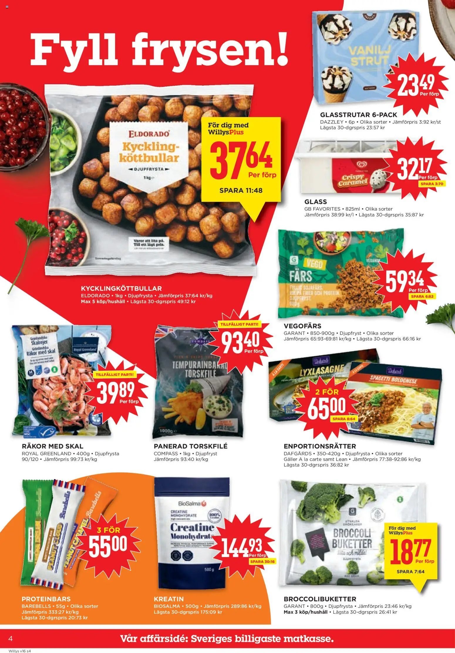 Willys reklamblad aktuell från 13.04.2026 | Sida: 4 | Produkter: Köttbullar, Vegofärs, Glass, Broccoli
