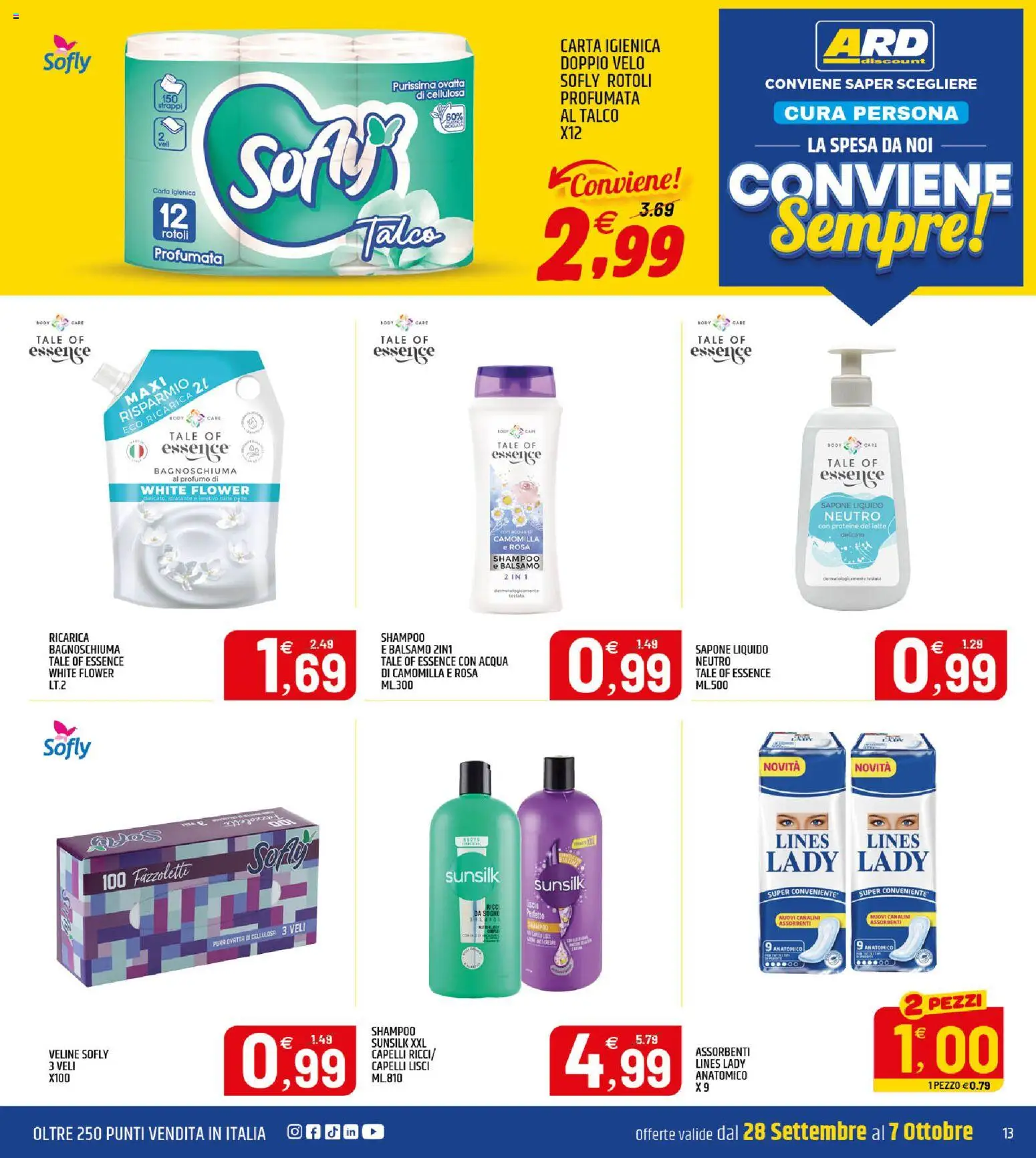 Volantino ARD Discount del 28/09/2026 | Pagina: 13 | Prodotti: Carta igienica, Bagnoschiuma, Latte, Assorbenti