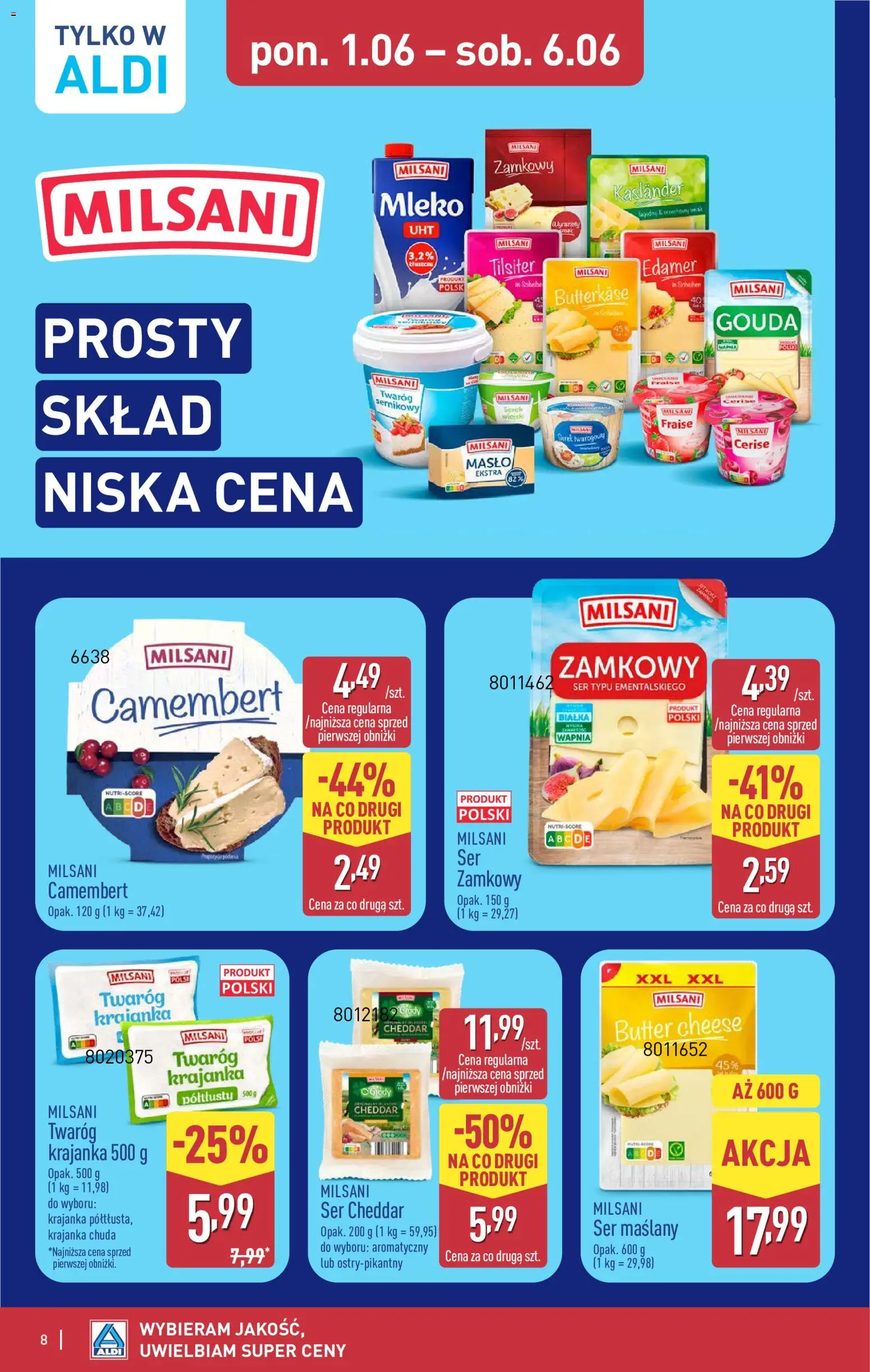 Aldi gazetka od 01.06.2026 | Strona: 8 | Produkty: Masło, Ser, Twaróg, Ser cheddar