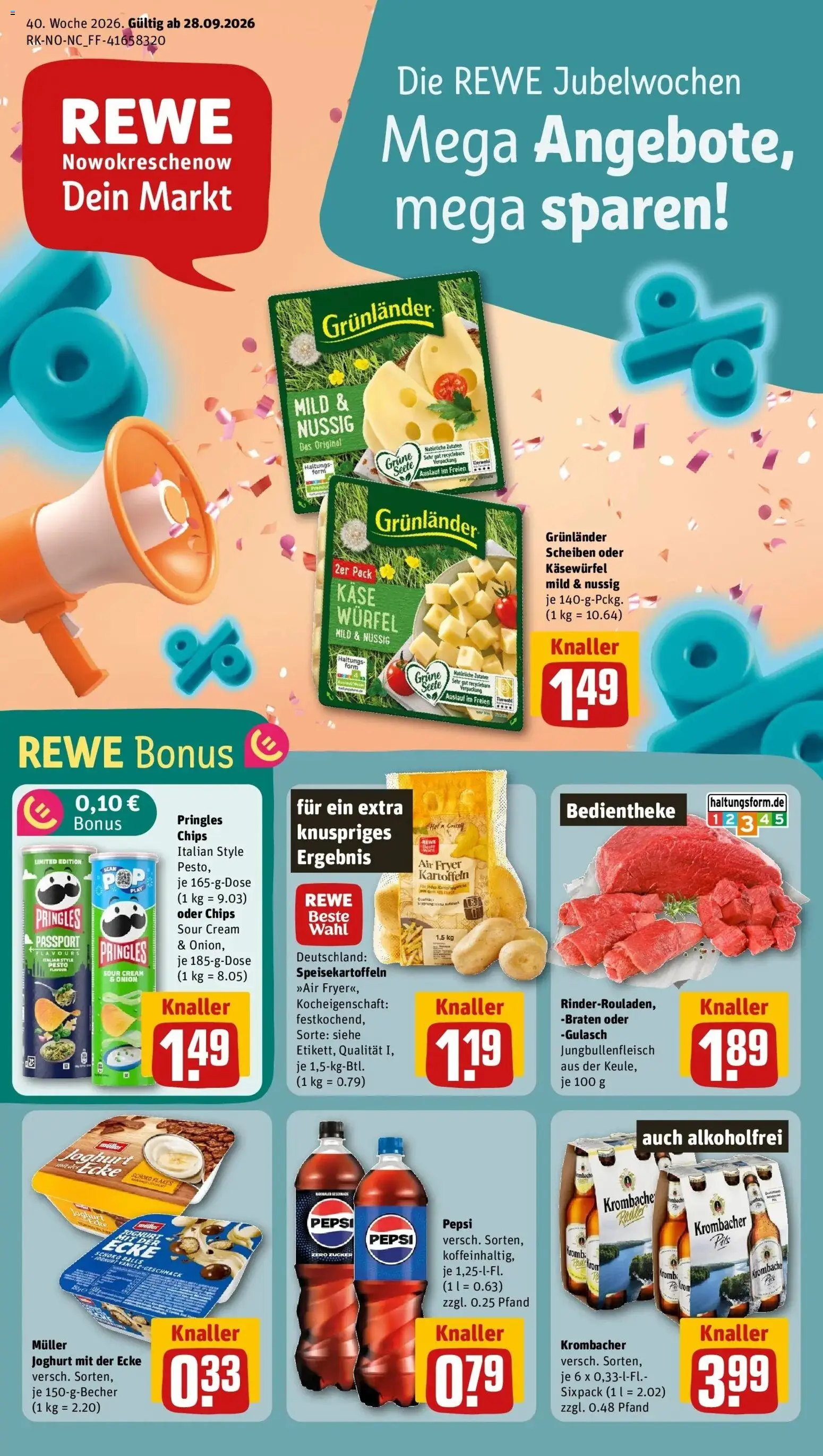 REWE Prospekt ab 28.09.2026 zum Blättern » Angebote | Seite: 1 | Produkte: Joghurt, Zucker, Krombacher, Pepsi