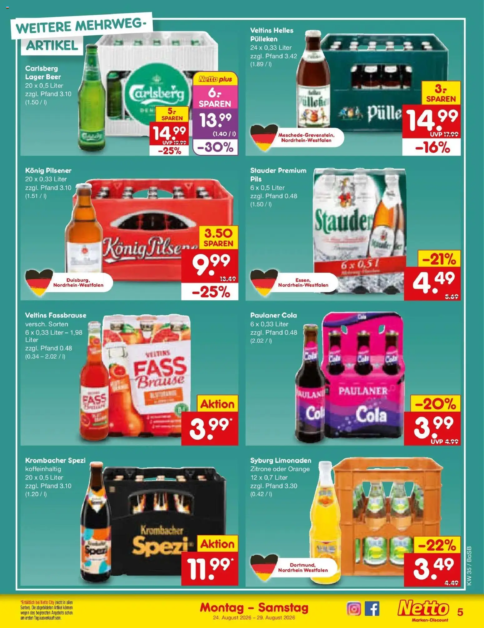 Netto Marken-Discount Prospekt Bochum – gültig ab 24.08.2026 | Seite: 5 | Produkte: Carlsberg, Cola, Krombacher, Veltins