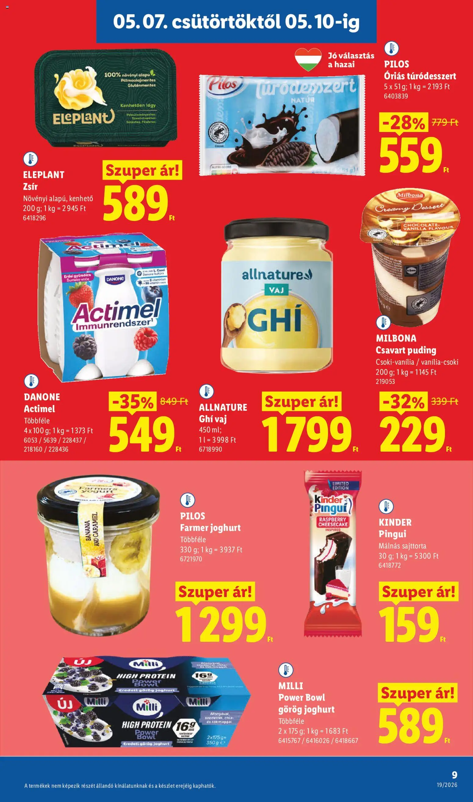 Lidl akciós ujság - amely érvényes a következő dátumtól: 07.05.2026 | Oldal: 9 | Termékek: Actimel, Görög joghurt, Vaj, Gluténmentes