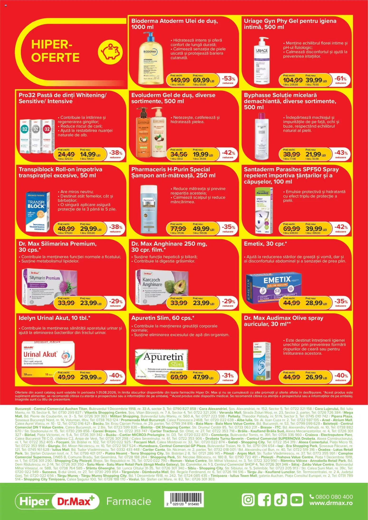 Noul catalog Dr.Max – valabil de la 01.08.2026 | Pagină: 8 | Produse: Șampon, Ulei, Pastă de dinți, Apă