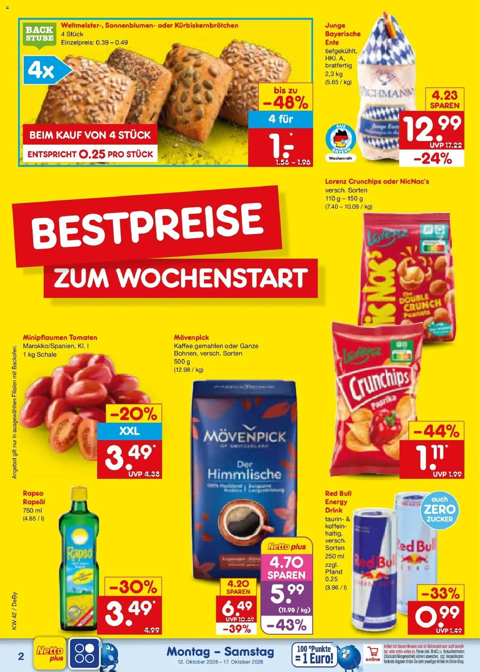 Netto Marken-Discount Prospekt Buttenwiesen (ab 12.10.2026) » Angebote | Seite: 2 | Produkte: Red bull, Kaffee, Tomaten, Ente