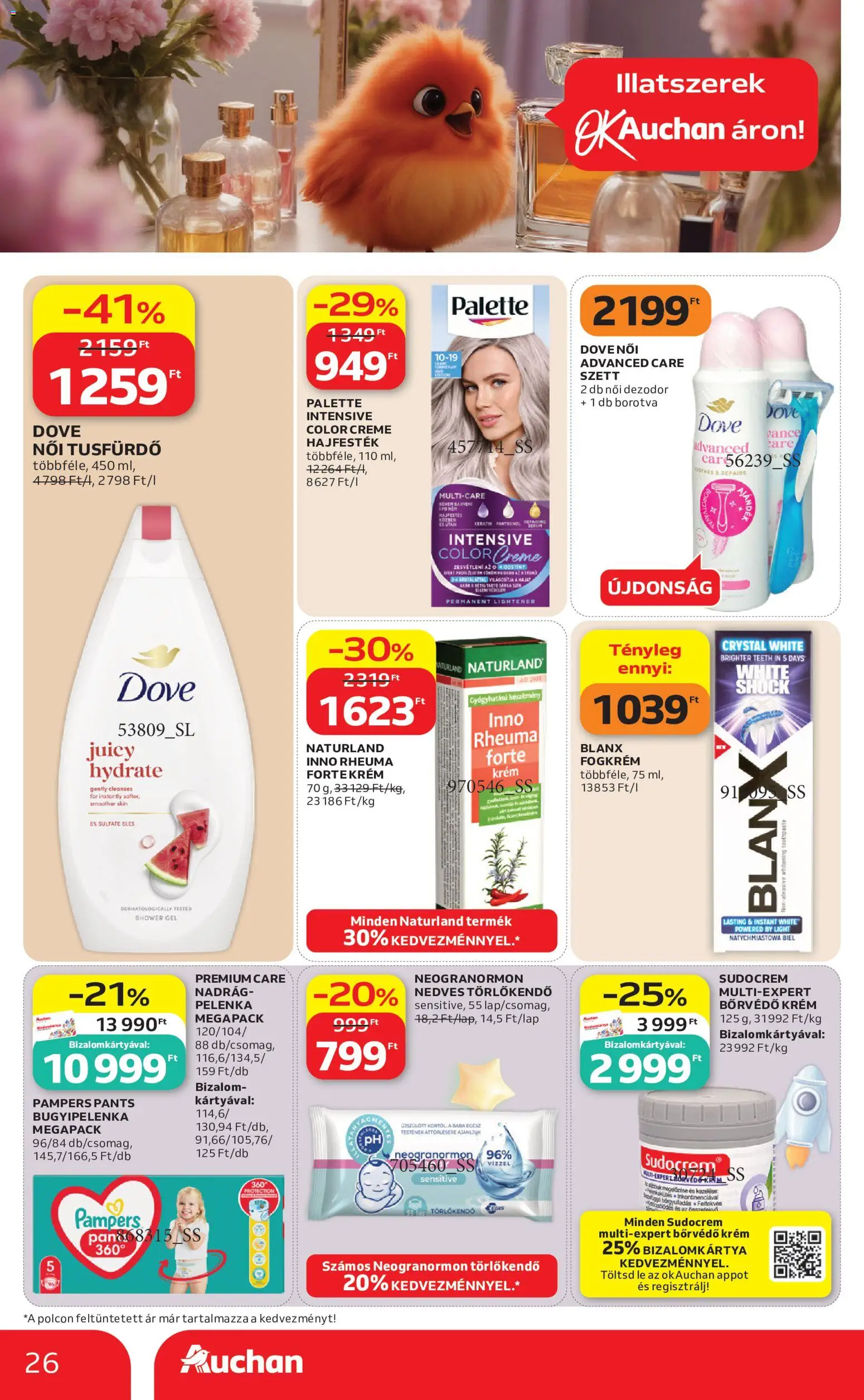 Auchan akciós ujság - amely érvényes a következő dátumtól: 2026.07.09. | Oldal: 26 | Termékek: Törlőkendő, Hajfesték, Tusfürdő, Nadrág