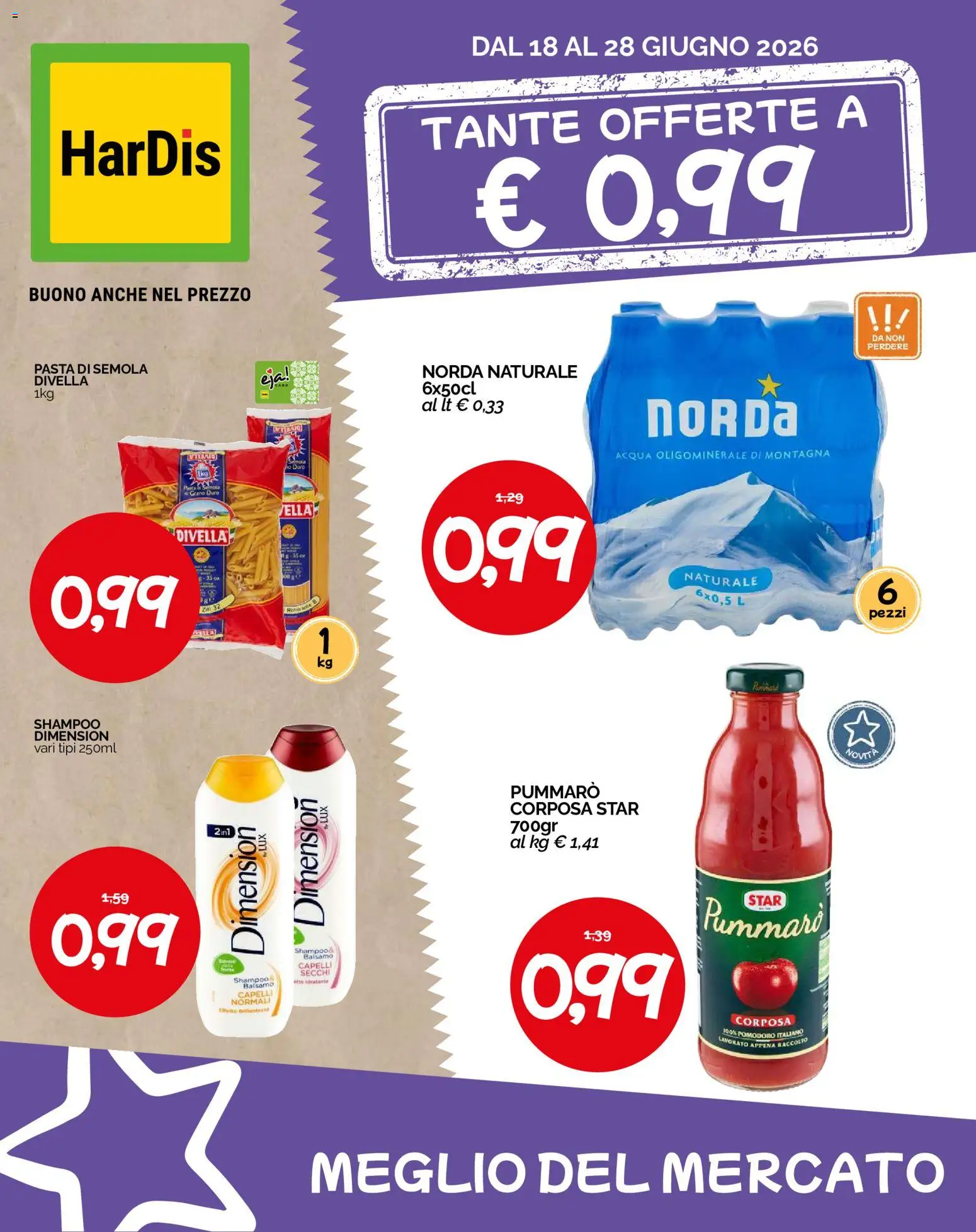 Volantino HarDis del 18.06.2026 | Pagina: 1 | Prodotti: Shampoo, Balsamo, Acqua, Pasta