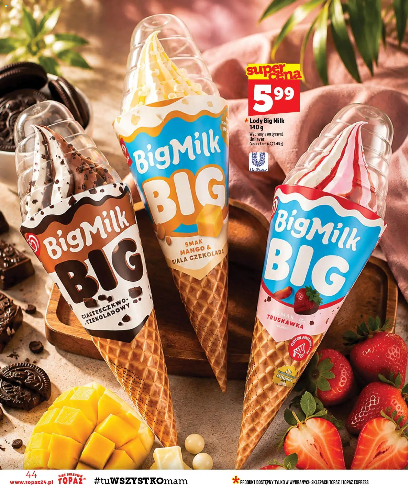 Topaz gazetka - MAZ od 13.08.2026 | Strona: 44 | Produkty: Mango, Biała czekolada, Big Milk, Lody
