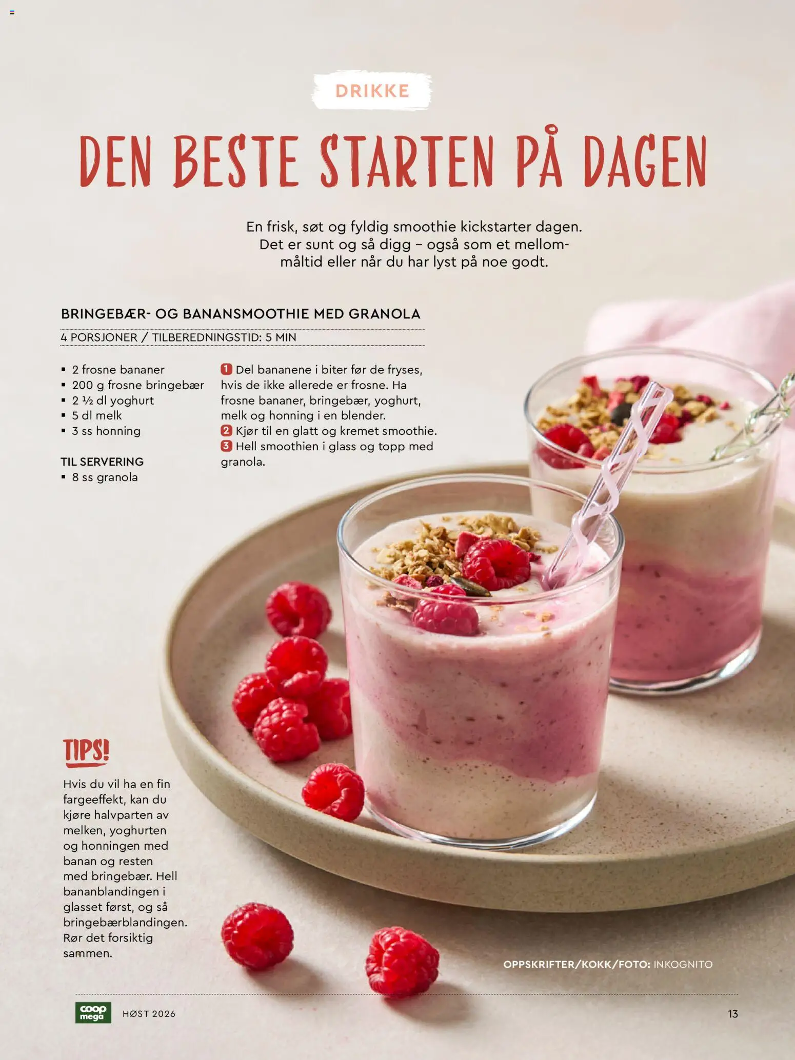 {H1} | Side: 13 | Produkter: Frosne bringebær, Smoothie, Glass, Topp