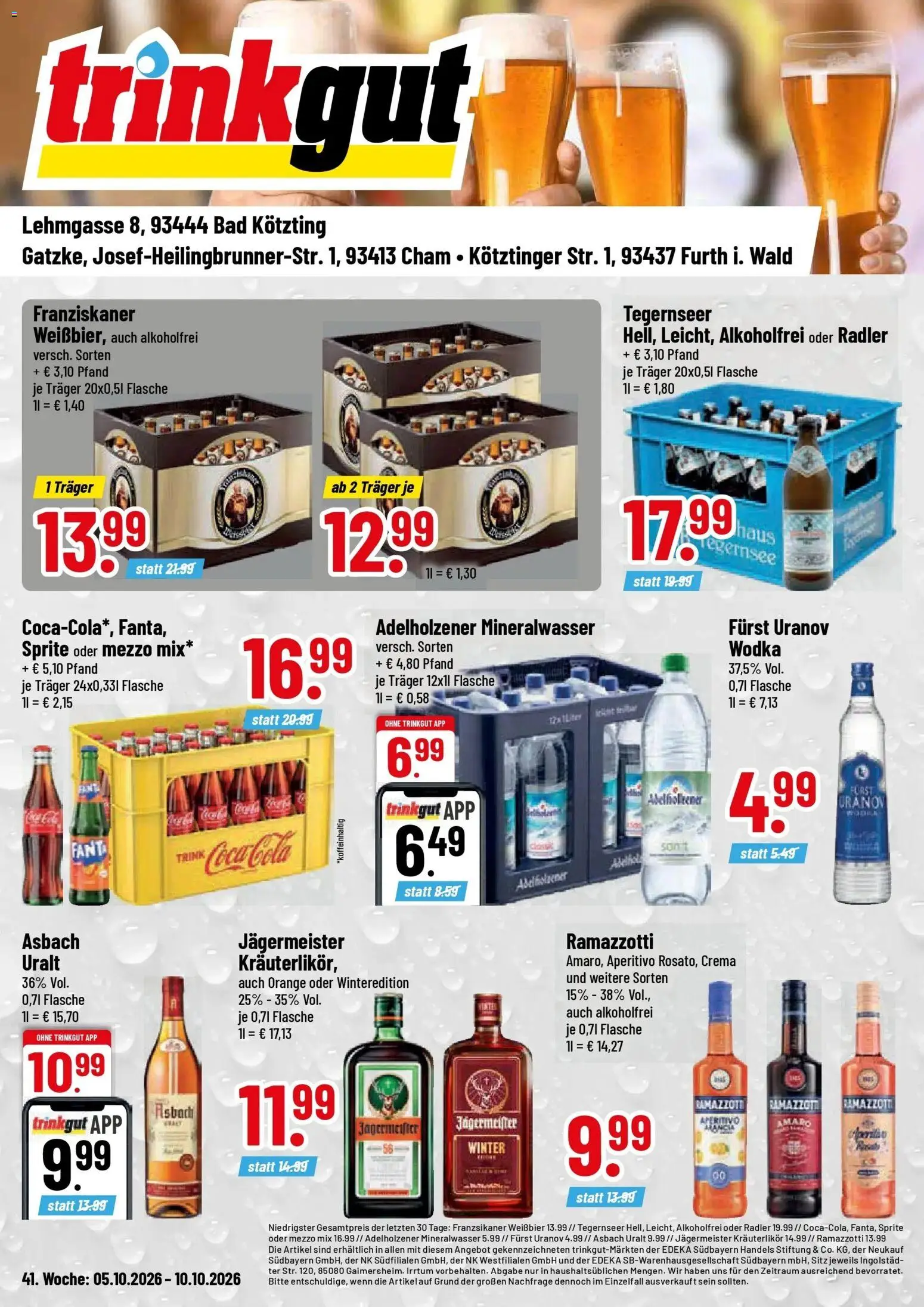 Trinkgut - trinkgut: Wochenangebote (ab 05.10.2026) » Angebote online | Seite: 1 | Produkte: Weißbier, Bad, Adelholzener, Oder mezzo mix