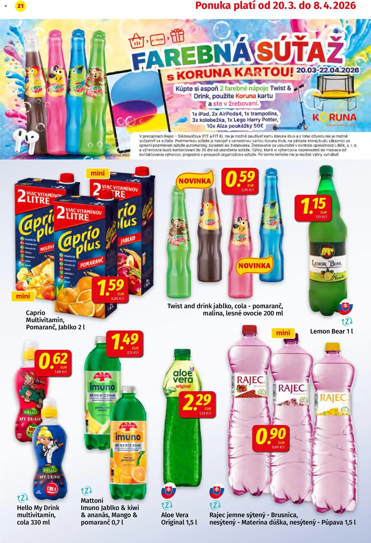 Nové Koruna akcie – leták je platný od 20.03.2026 | Strana: 21 | Produkty: Rajec, Kiwi, Mango, Cola