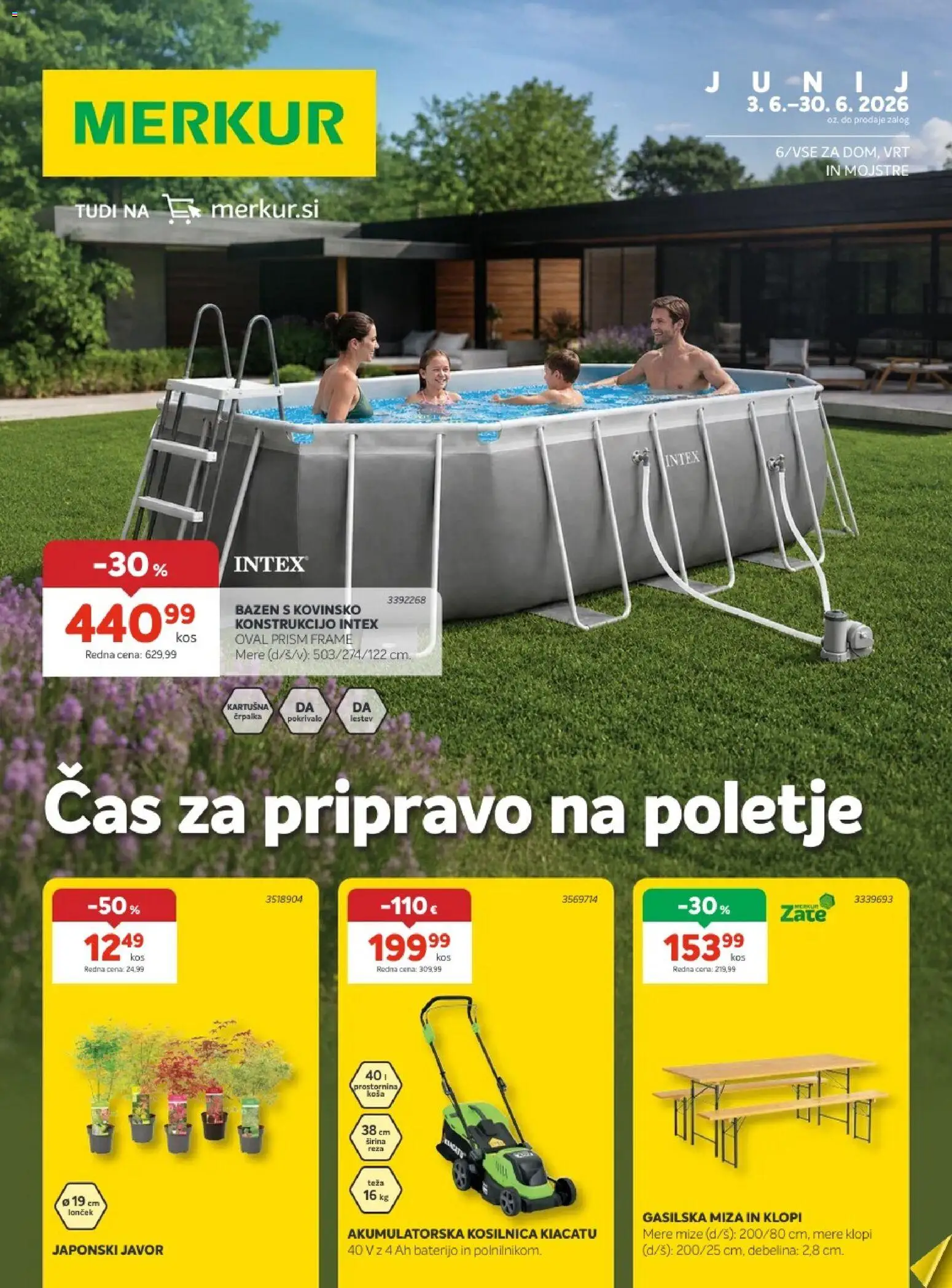 Novi Merkur katalog ponudbe – veljaven od 03.06.2026 | Stran: 1 | Izdelki: Črpalka, Teza, Kosilnica, Miza