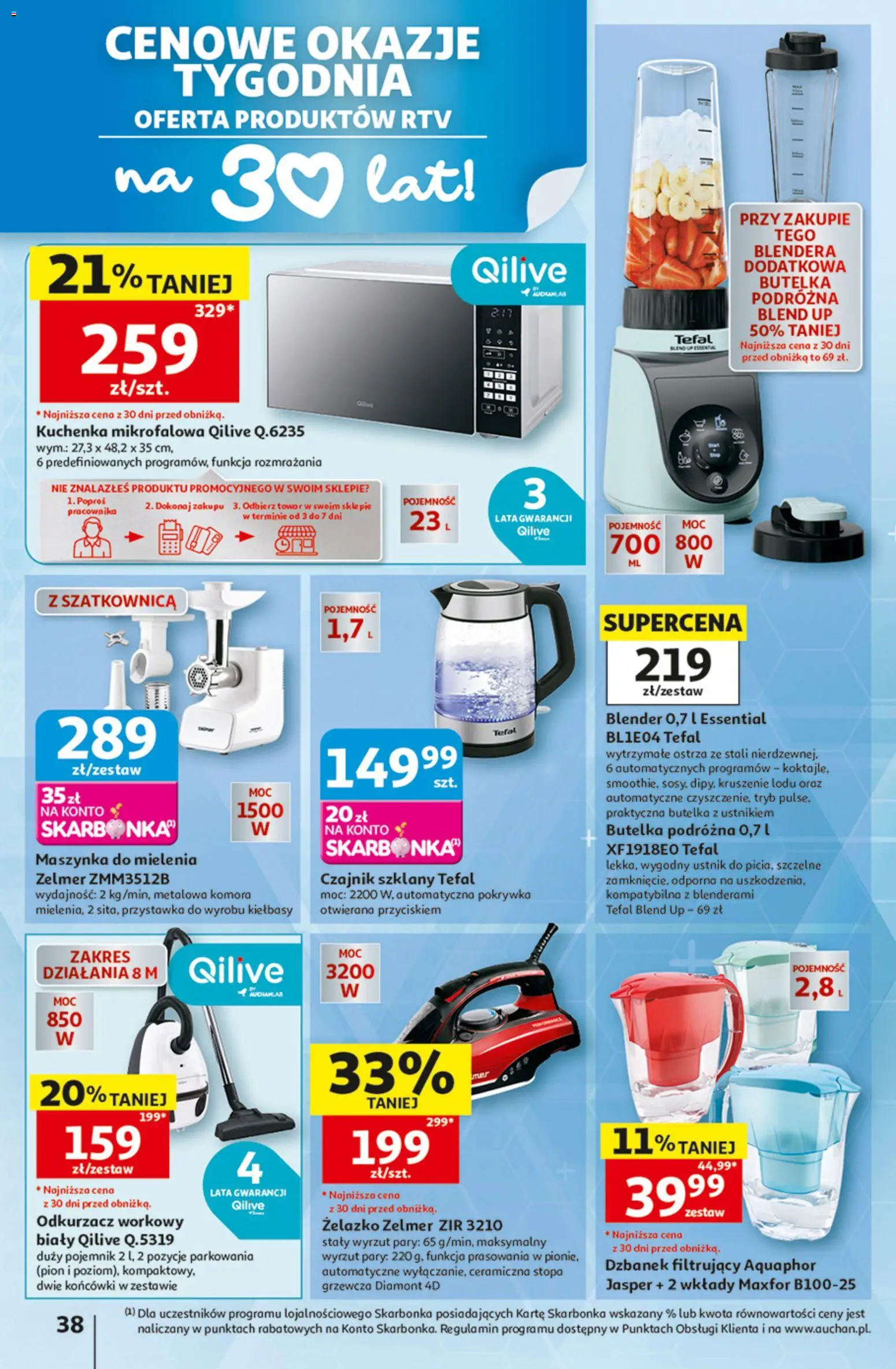 Auchan gazetka - 30 Lat Hipermarket od 09.07.2026 | Strona: 38 | Produkty: Dzbanek, Kuchenka mikrofalowa, Czajnik, Odkurzacz