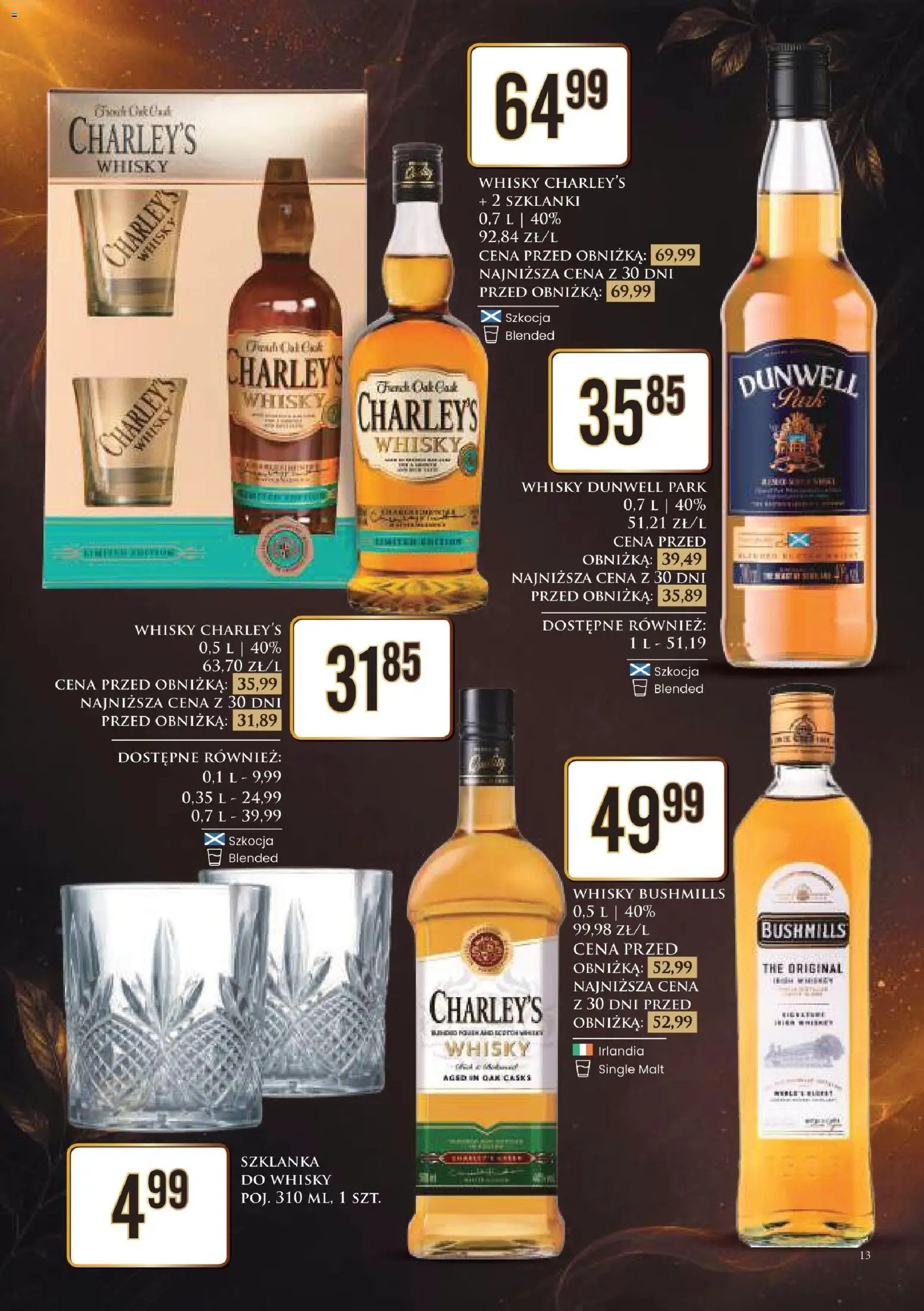 Dino gazetka alkoholowa od 29.05.2026 | Strona: 13 | Produkty: Charley's whisky, Whisky Bushmills, Szklanki, Whisky