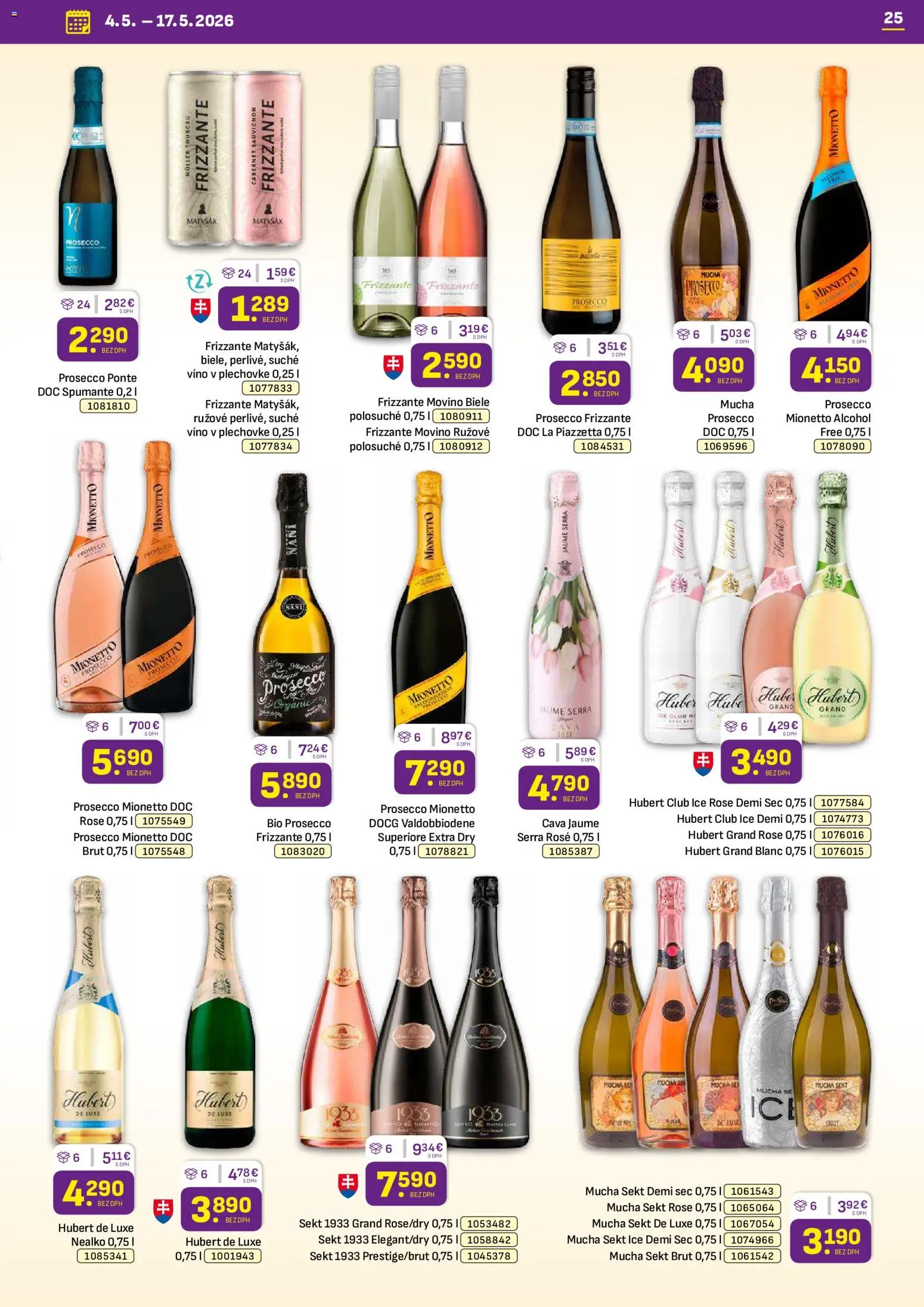 Nové Libex akcie – leták je platný od 04.05.2026 | Strana: 25 | Produkty: Víno, Prosecco, Hubert de Luxe